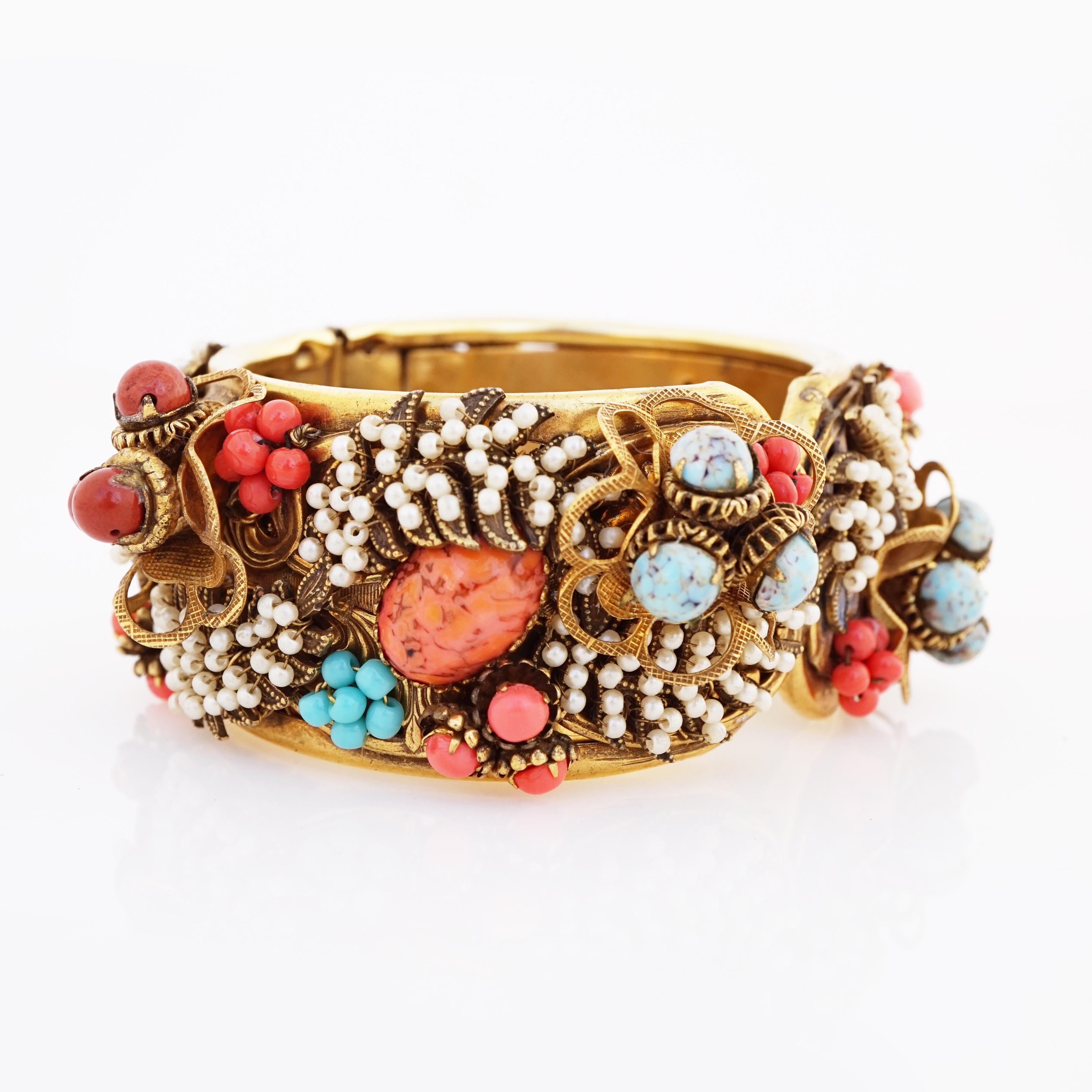 Women's Turquoise, Coral and Seed Pearl Encrusted Hinged Bracelet By Sandor, 1950s For Sale