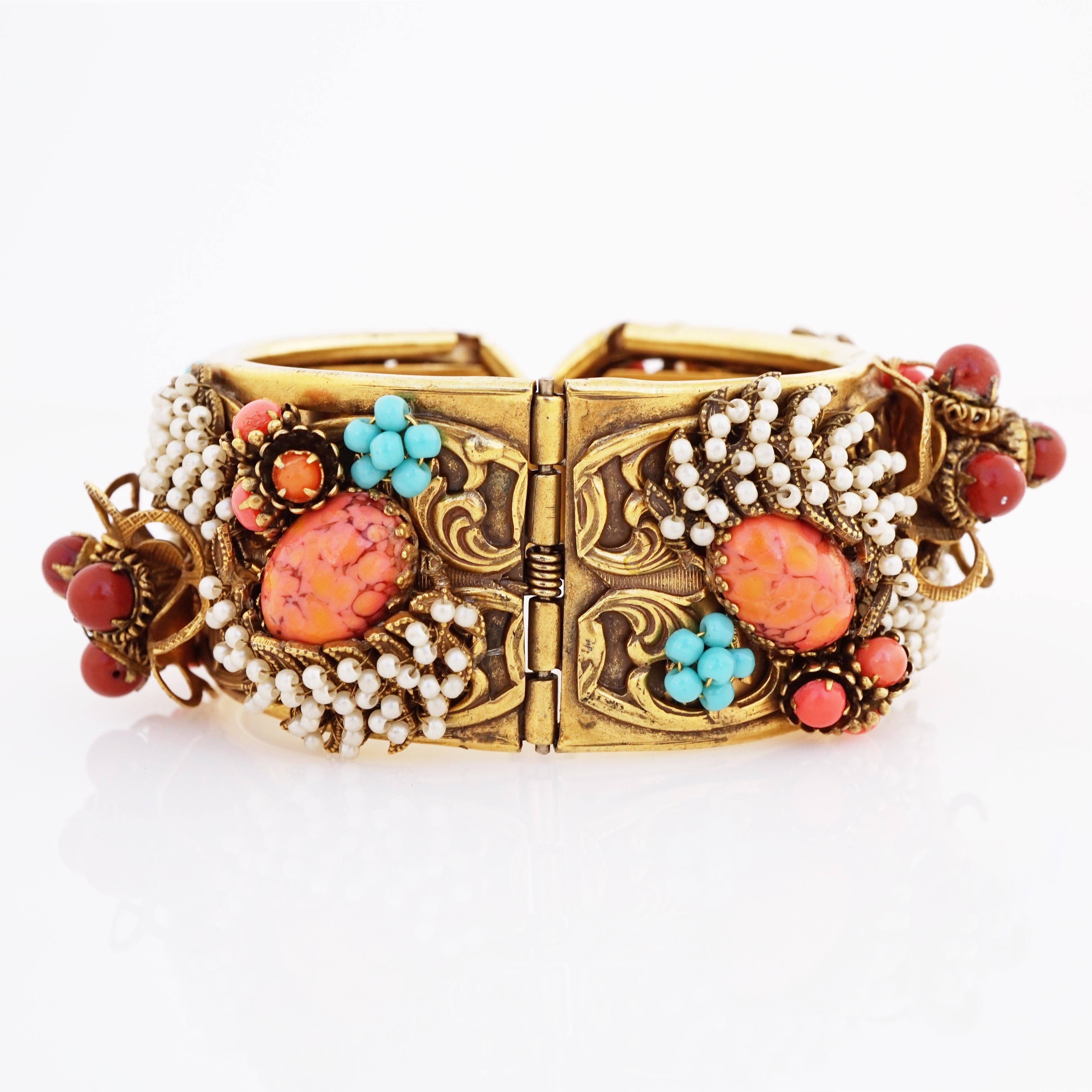 Turquoise, Coral and Seed Pearl Encrusted Hinged Bracelet By Sandor, 1950s For Sale 1