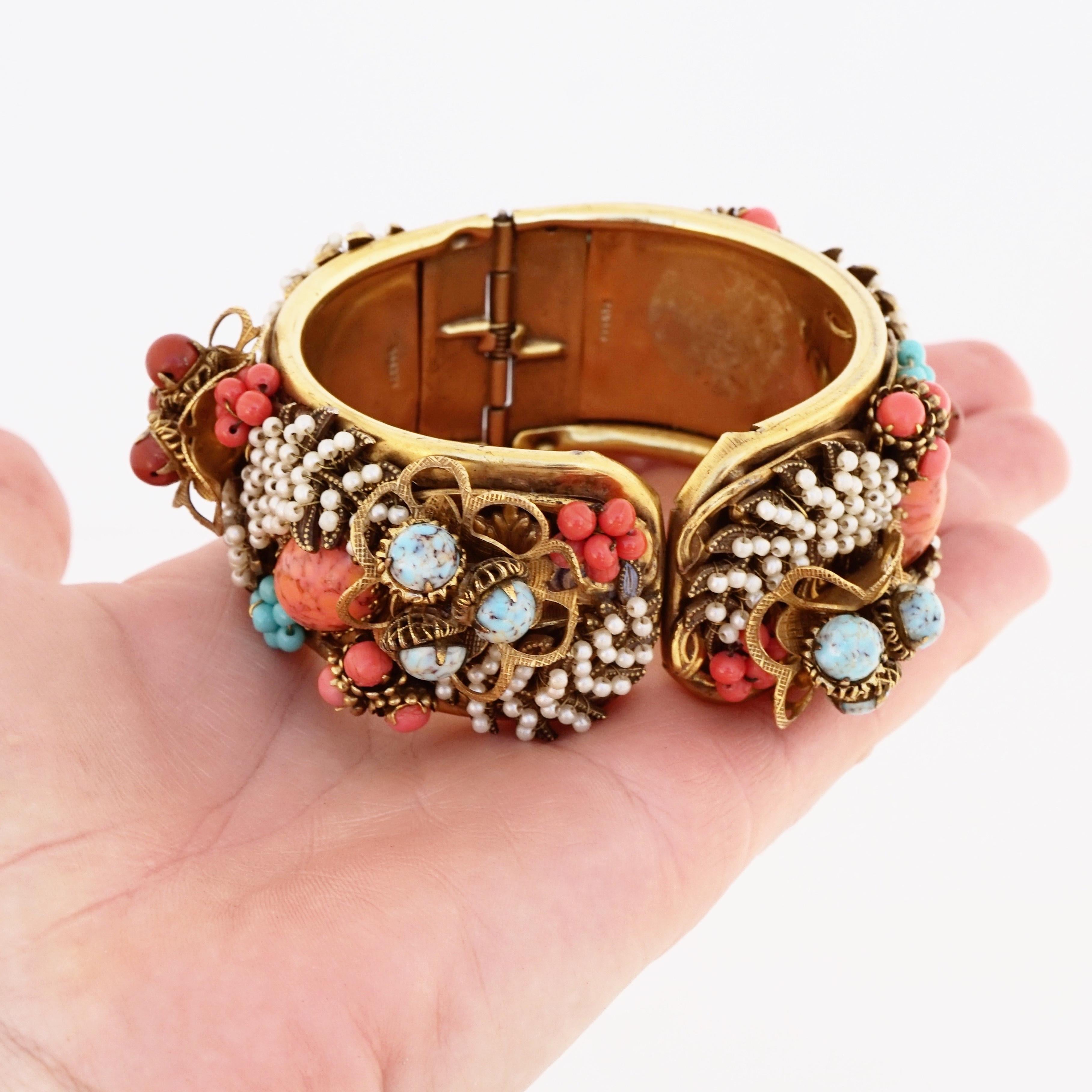 Turquoise, Coral and Seed Pearl Encrusted Hinged Bracelet By Sandor, 1950s For Sale 3