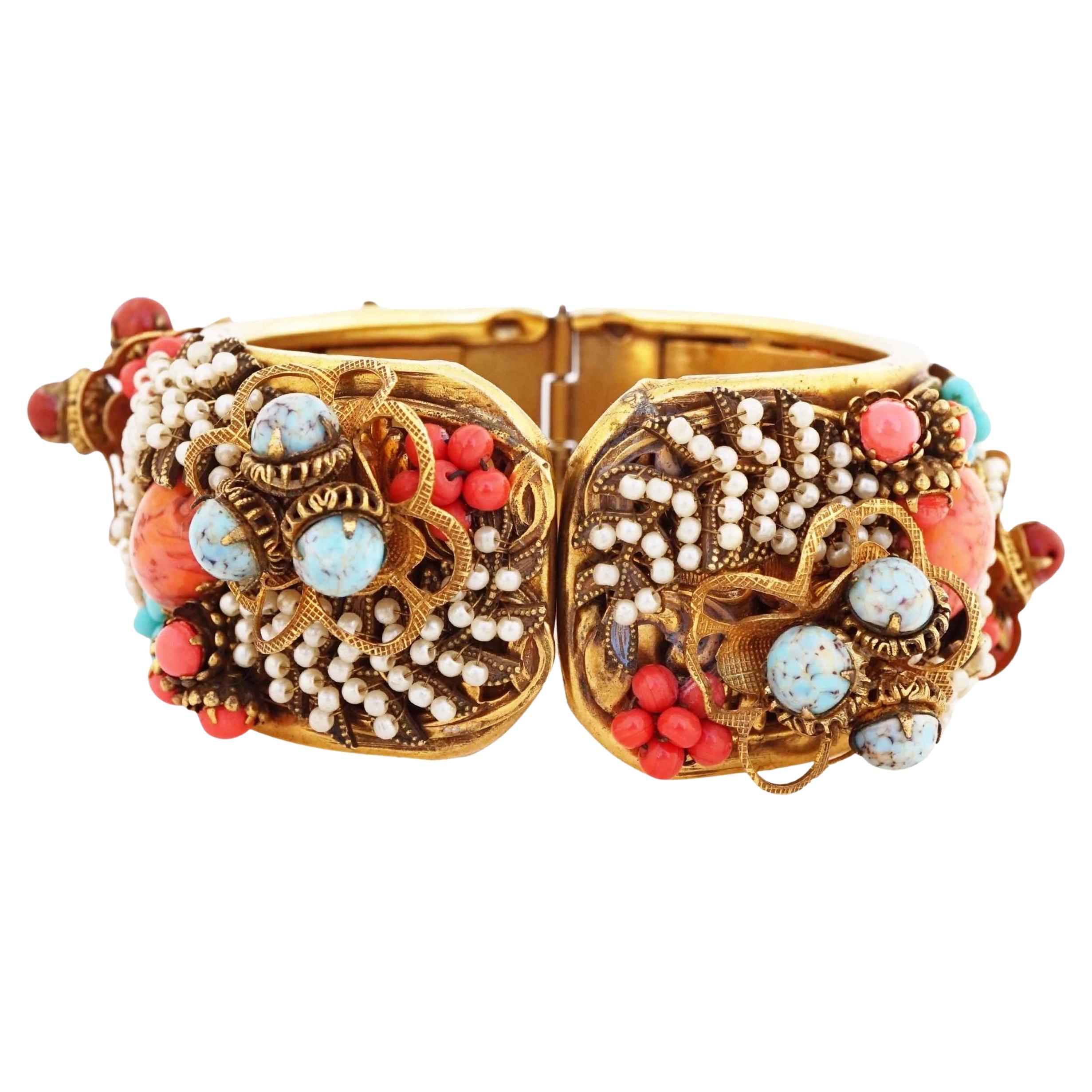 Turquoise, Coral and Seed Pearl Encrusted Hinged Bracelet By Sandor, 1950s For Sale