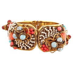 Turquoise, Coral and Seed Pearl Encrusted Hinged Bracelet By Sandor, 1950s