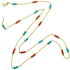Turquoise, Coral and Yellow Gold Long Vintage Necklace, circa 1965