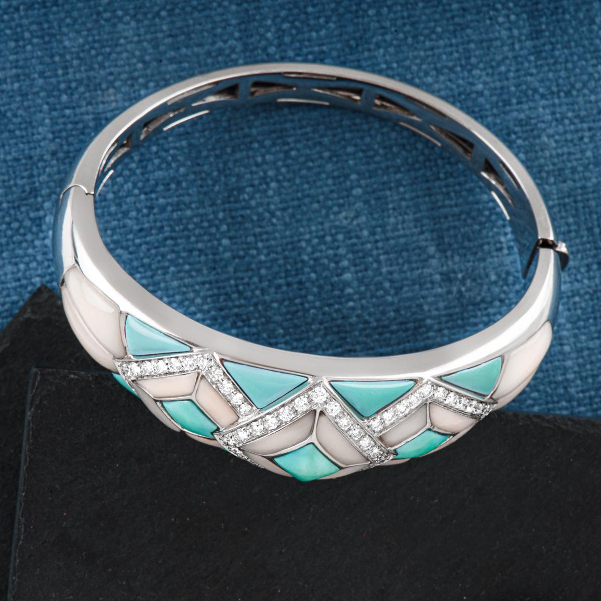 Turquoise, Coral & Diamond White Gold Bangle In Excellent Condition In London, GB