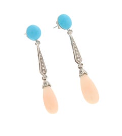 SCALA GIOIELLI 18kt White Gold Turquoise Coral Diamond Drop Earrings