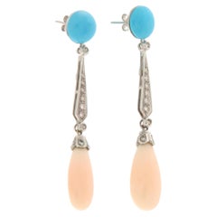 SCALA GIOIELLI 18kt White Gold Turquoise Coral Diamond Drop Earrings