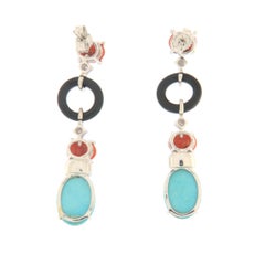 Turquoise Coral Diamonds Onix 18 Karat White Gold Stud Earrings
