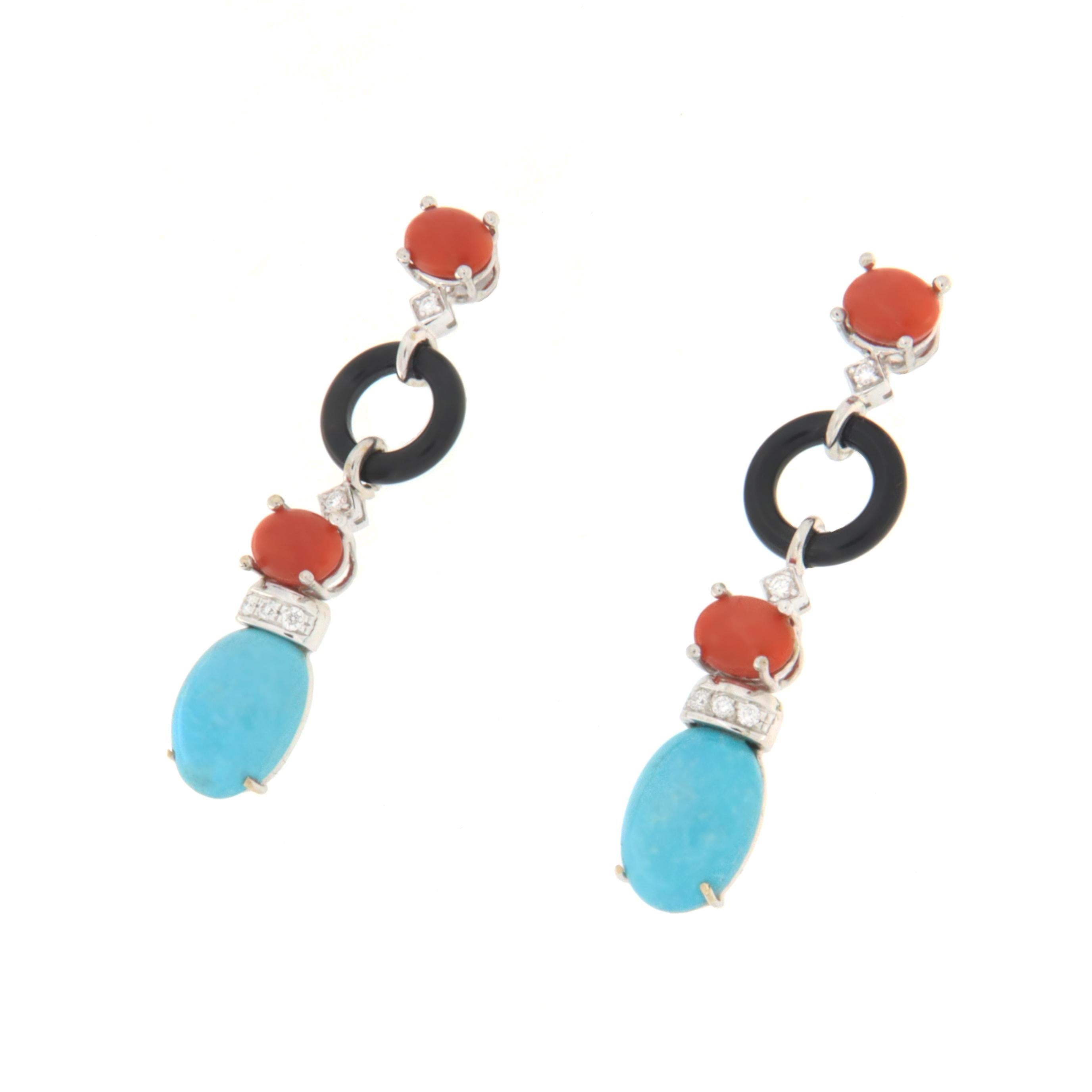 Contemporary Turquoise Coral Diamonds Onix 18 Karat White Gold Stud Earrings For Sale