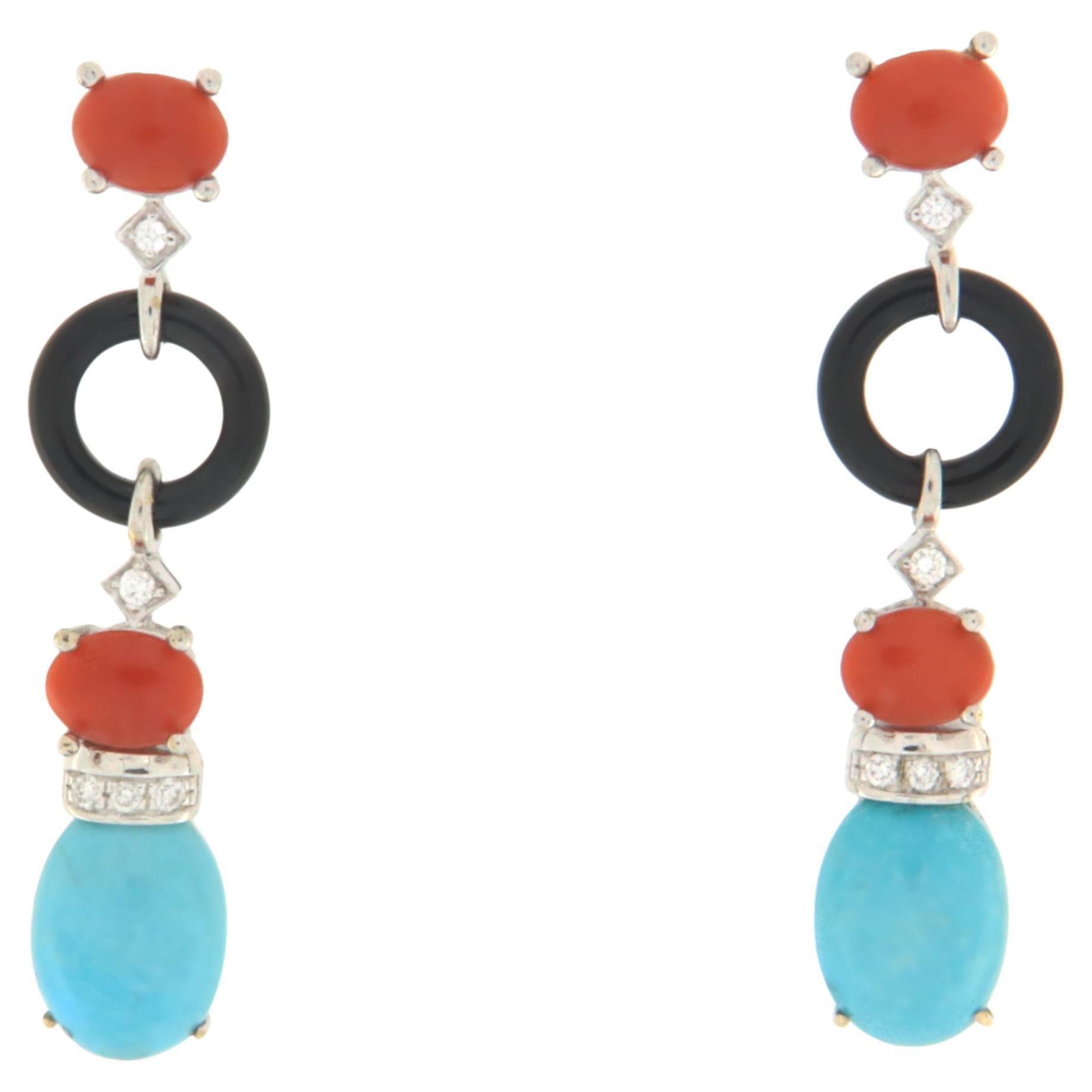 Turquoise Coral Diamonds Onix 18 Karat White Gold Stud Earrings