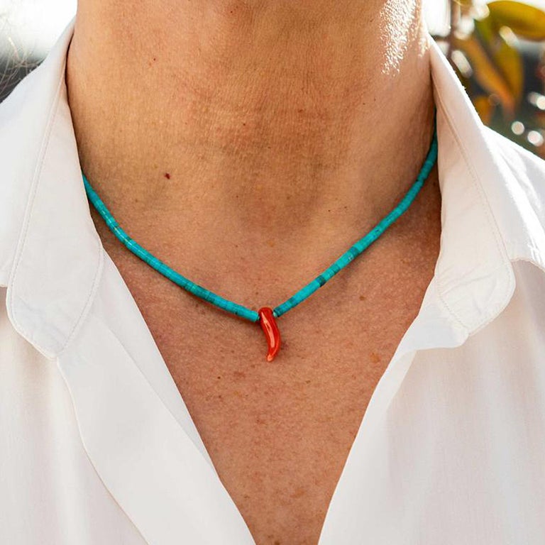 Artisan Turquoise Coral Horn 925 Sterling Silver Beaded Handmade Cocktail Boho Necklace For Sale