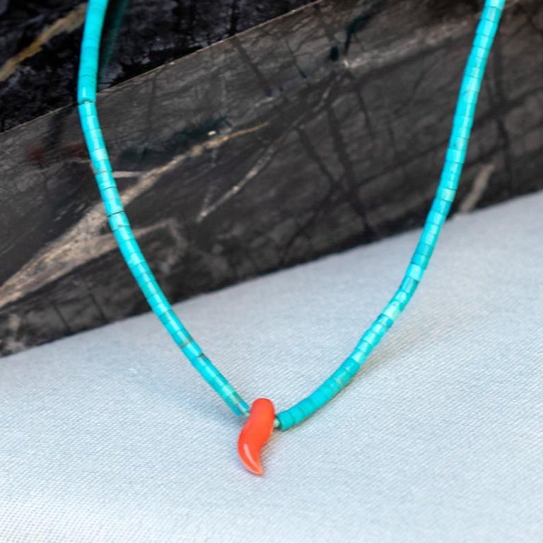 Women's Turquoise Coral Horn 925 Sterling Silver Beaded Handmade Cocktail Boho Necklace For Sale