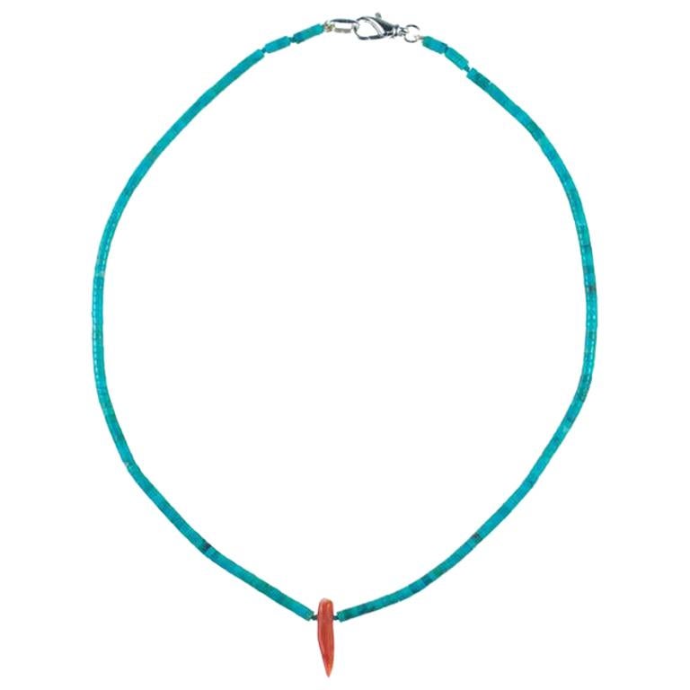 Turquoise Coral Horn 925 Sterling Silver Beaded Handmade Cocktail Boho Necklace For Sale