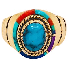 Turquoise Dome Ring, Coral, Lapis and Sugilite Inlay Custom 14 Karat Yellow Gold