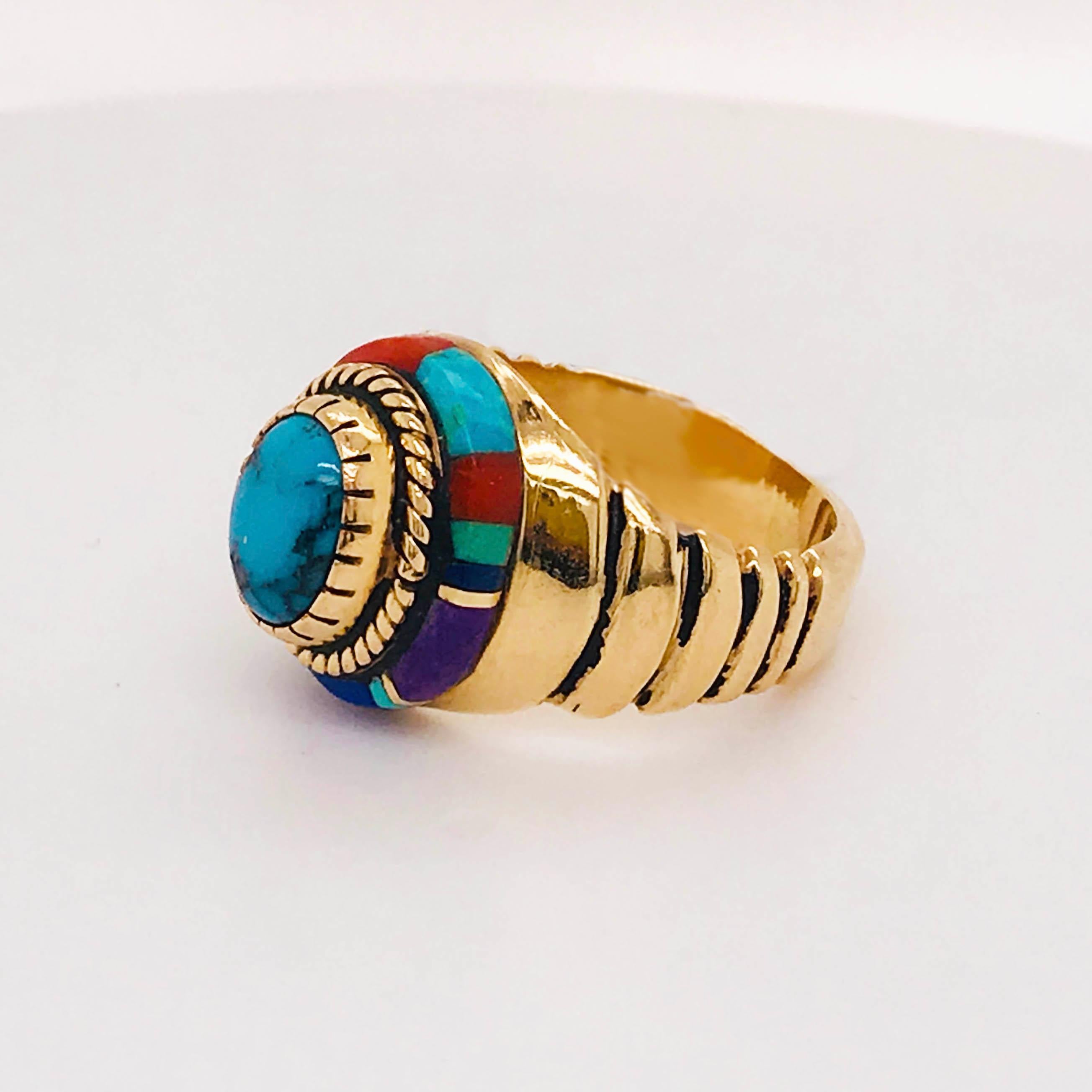 Turquoise Dome Ring, Coral, Lapis and Sugilite Inlay Custom 14 Karat Yellow Gold 1