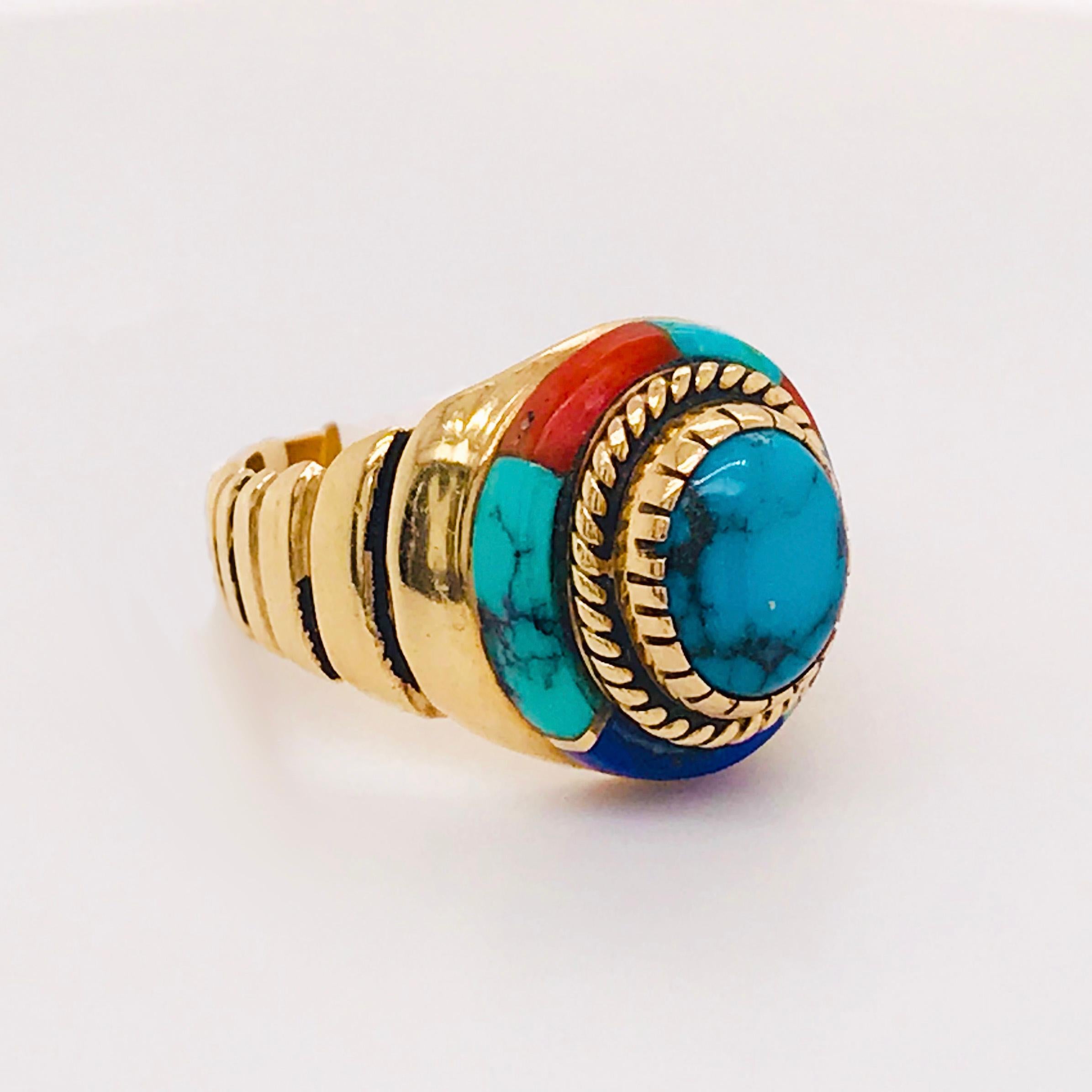Artisan Turquoise Dome Ring, Coral, Lapis and Sugilite Inlay Custom 14 Karat Yellow Gold