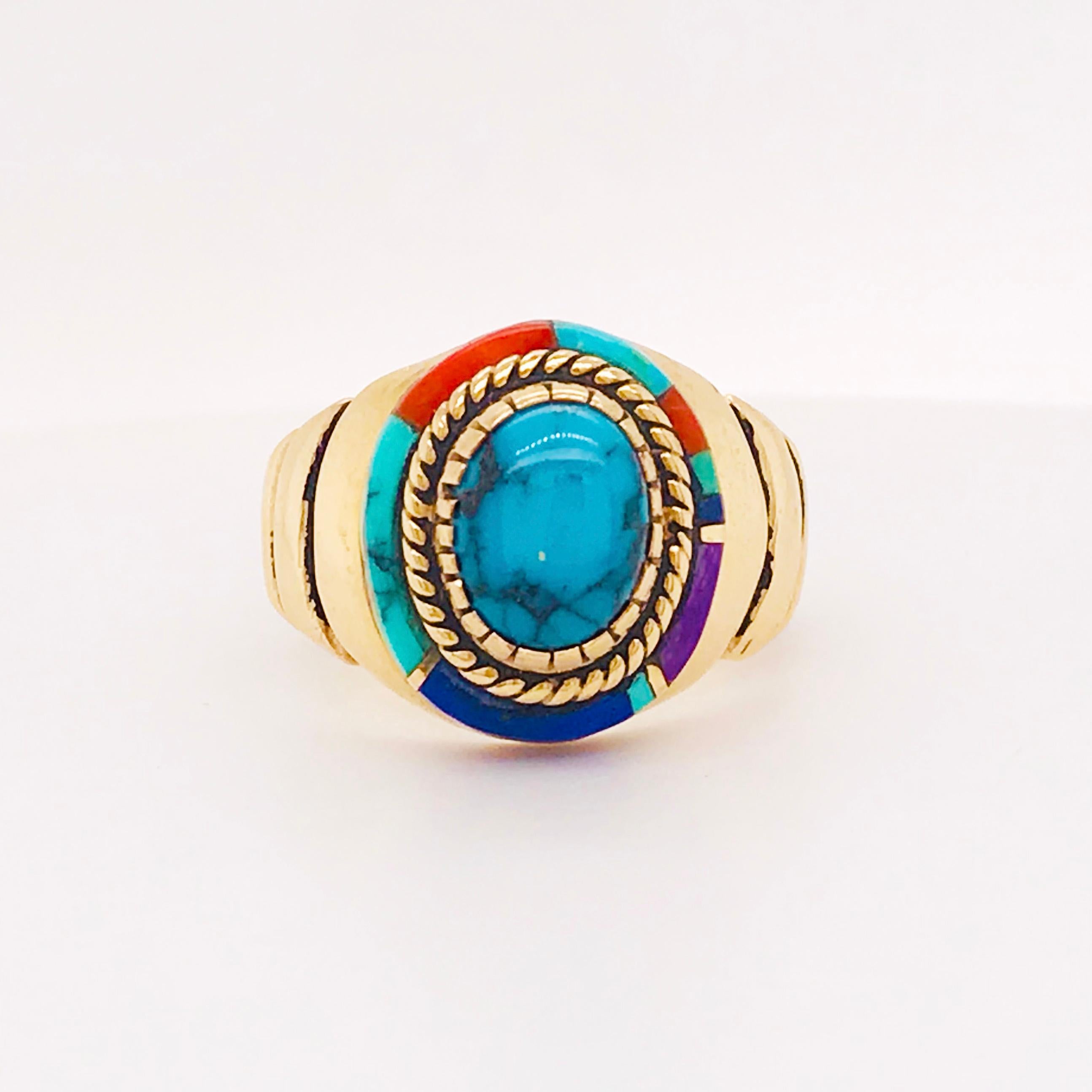 Oval Cut Turquoise Dome Ring, Coral, Lapis and Sugilite Inlay Custom 14 Karat Yellow Gold