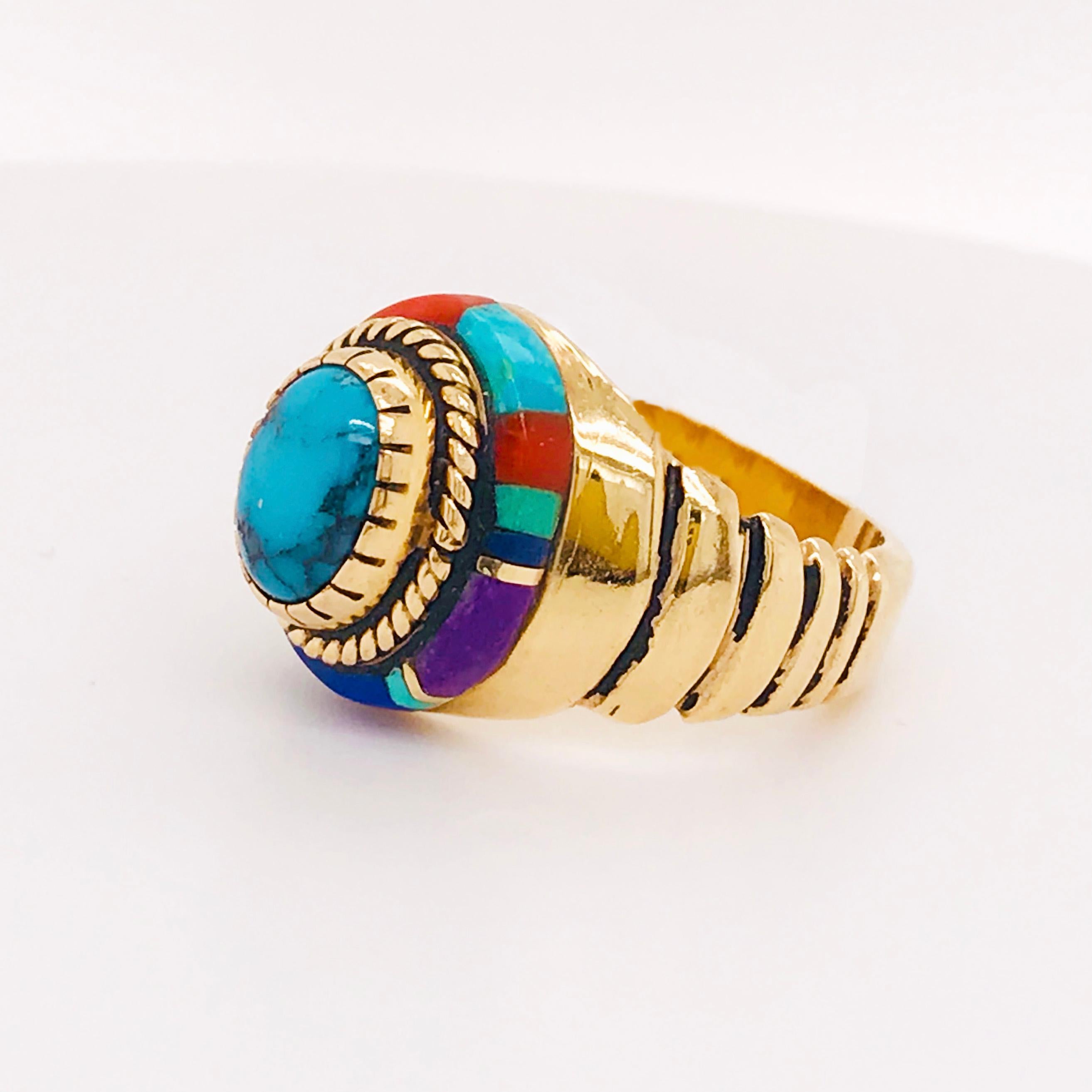Turquoise Dome Ring, Coral, Lapis and Sugilite Inlay Custom 14 Karat Yellow Gold In New Condition In Austin, TX