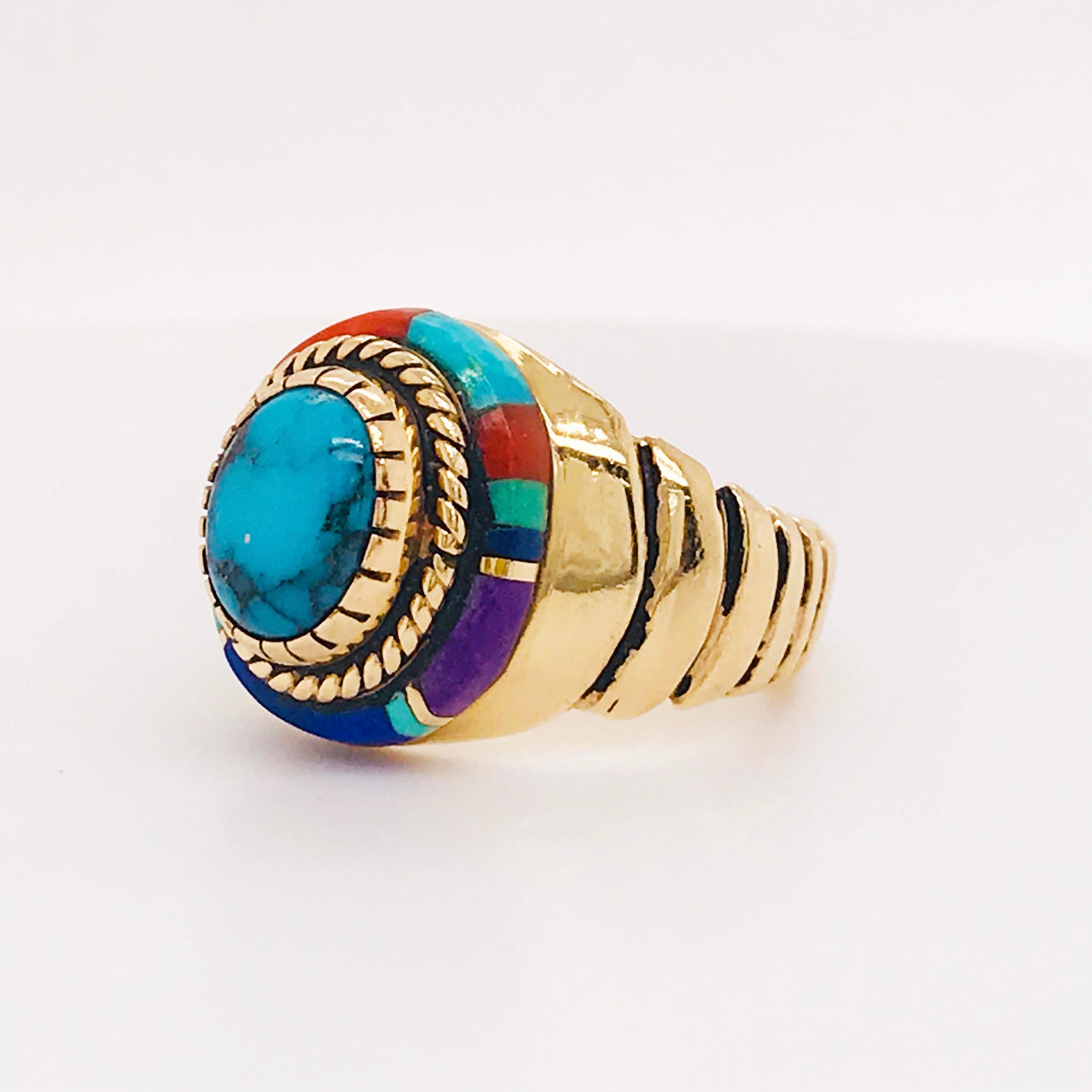 Women's Turquoise Dome Ring, Coral, Lapis and Sugilite Inlay Custom 14 Karat Yellow Gold