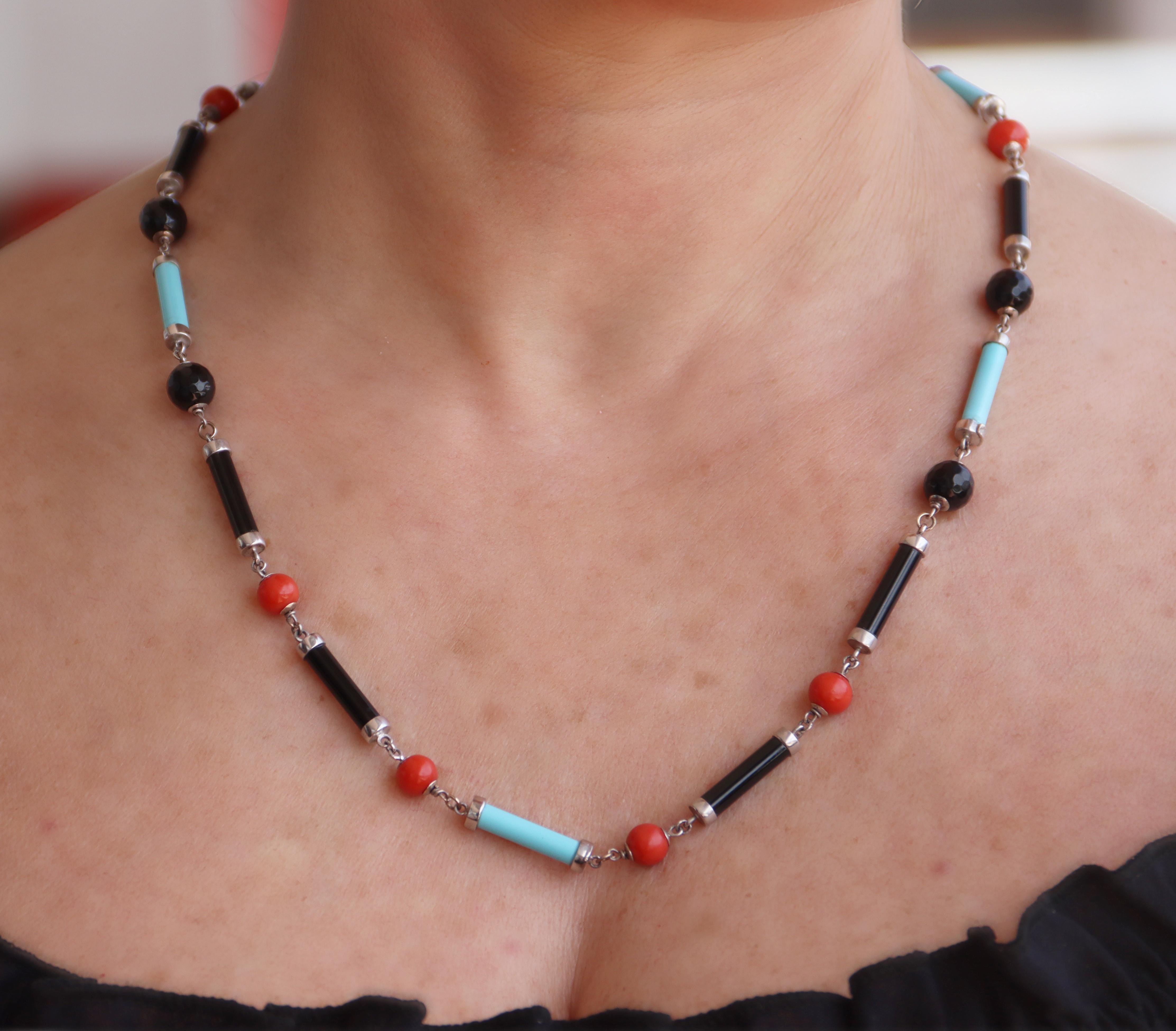 Artisan  Turquoise Coral Onyx 18 Karat White Gold Choker Necklace For Sale