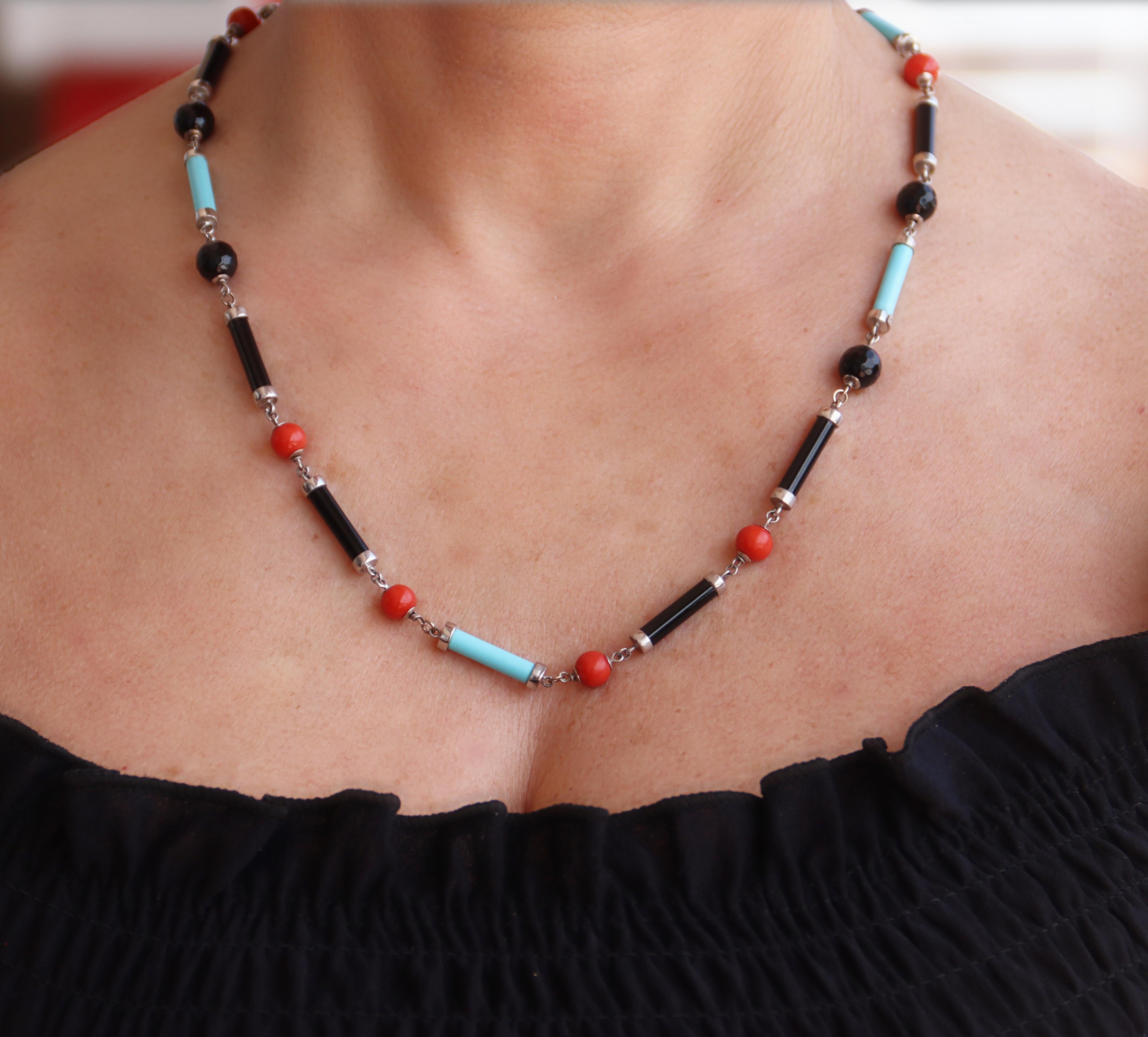 Mixed Cut  Turquoise Coral Onyx 18 Karat White Gold Choker Necklace For Sale