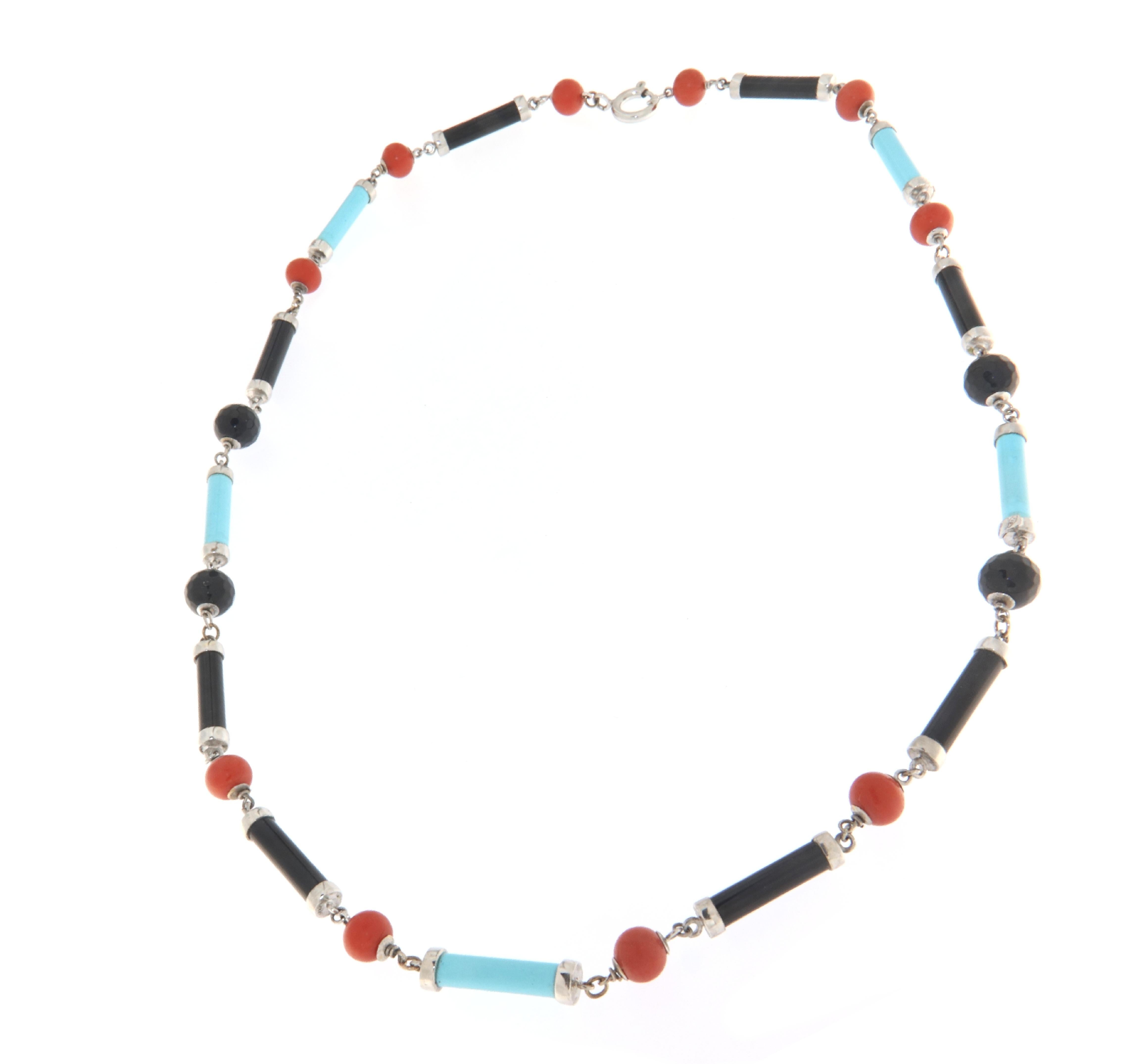 Women's or Men's  Turquoise Coral Onyx 18 Karat White Gold Choker Necklace For Sale