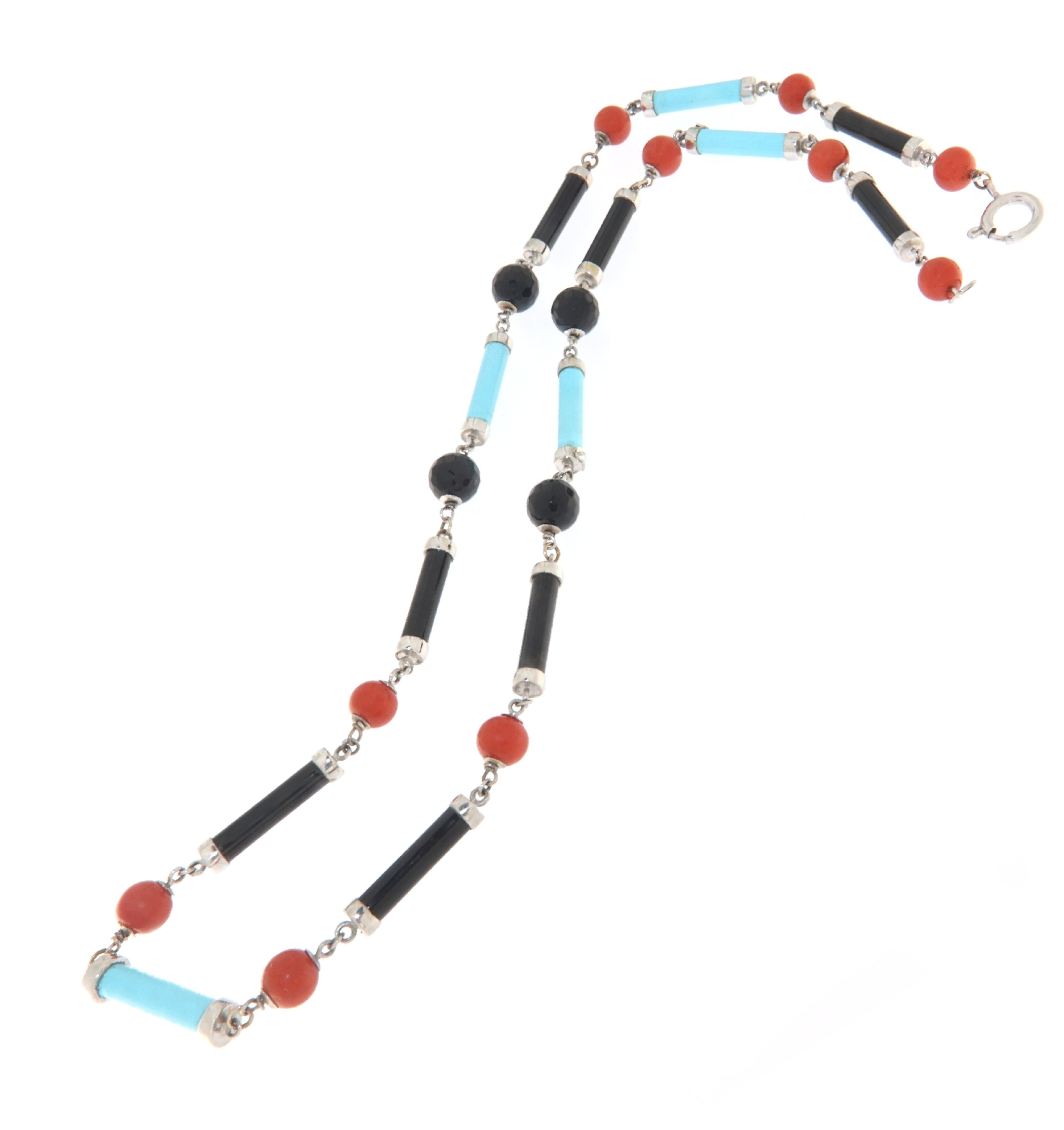  Turquoise Coral Onyx 18 Karat White Gold Choker Necklace For Sale 1