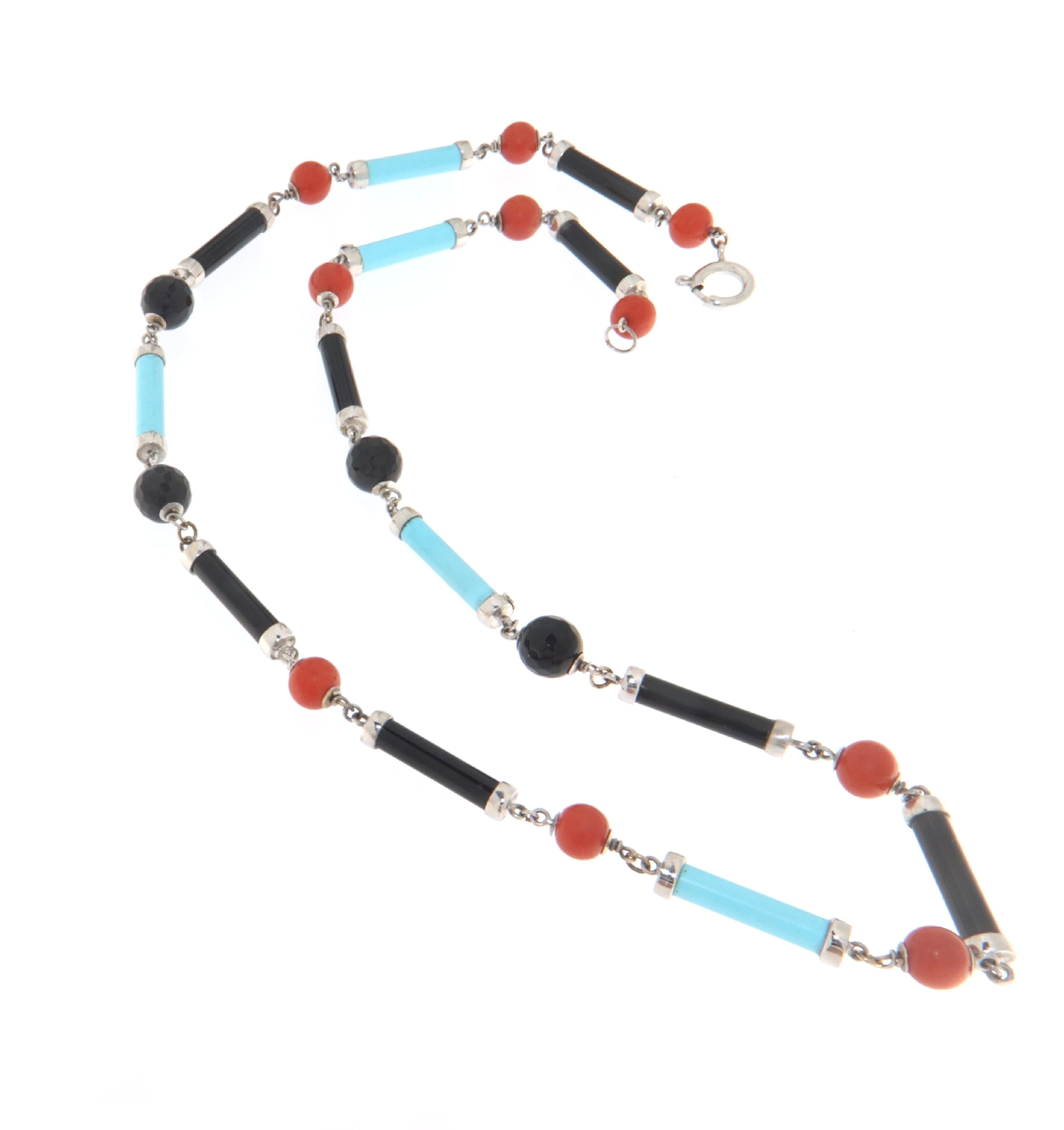  Turquoise Coral Onyx 18 Karat White Gold Choker Necklace For Sale 2