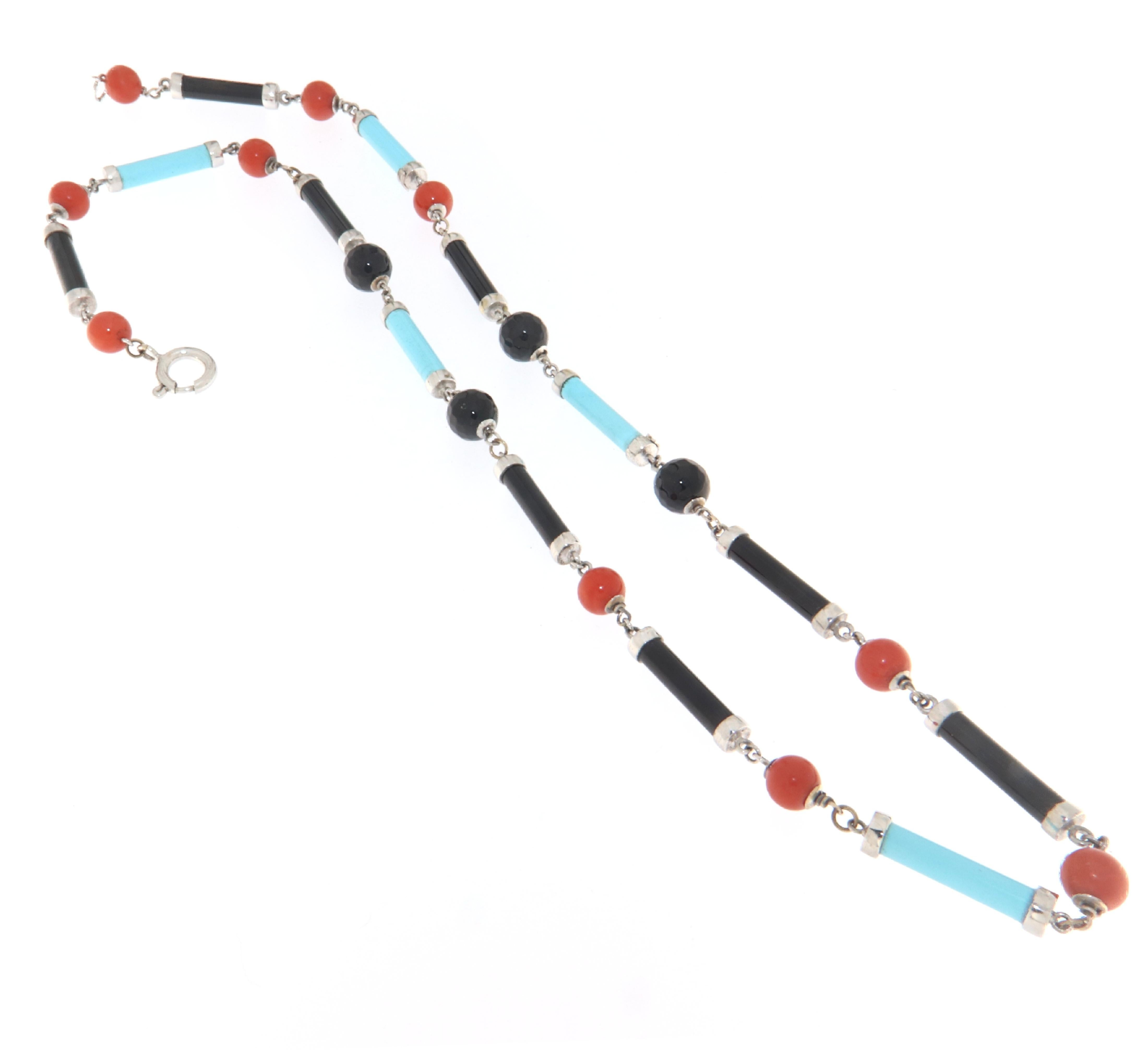  Turquoise Coral Onyx 18 Karat White Gold Choker Necklace For Sale 3