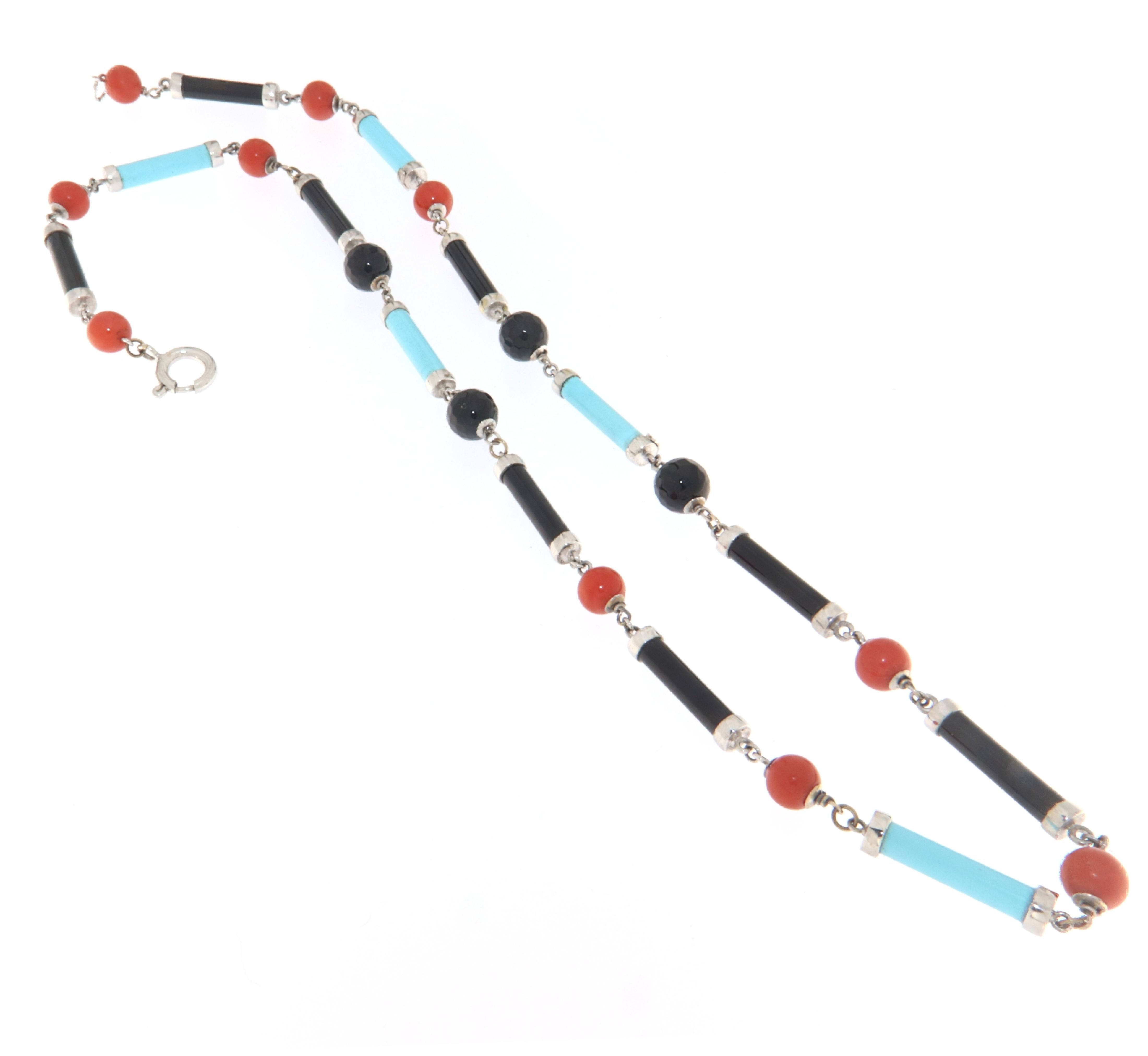 Turquoise Coral Onyx 18 Karat White Gold Choker Necklace For Sale 3