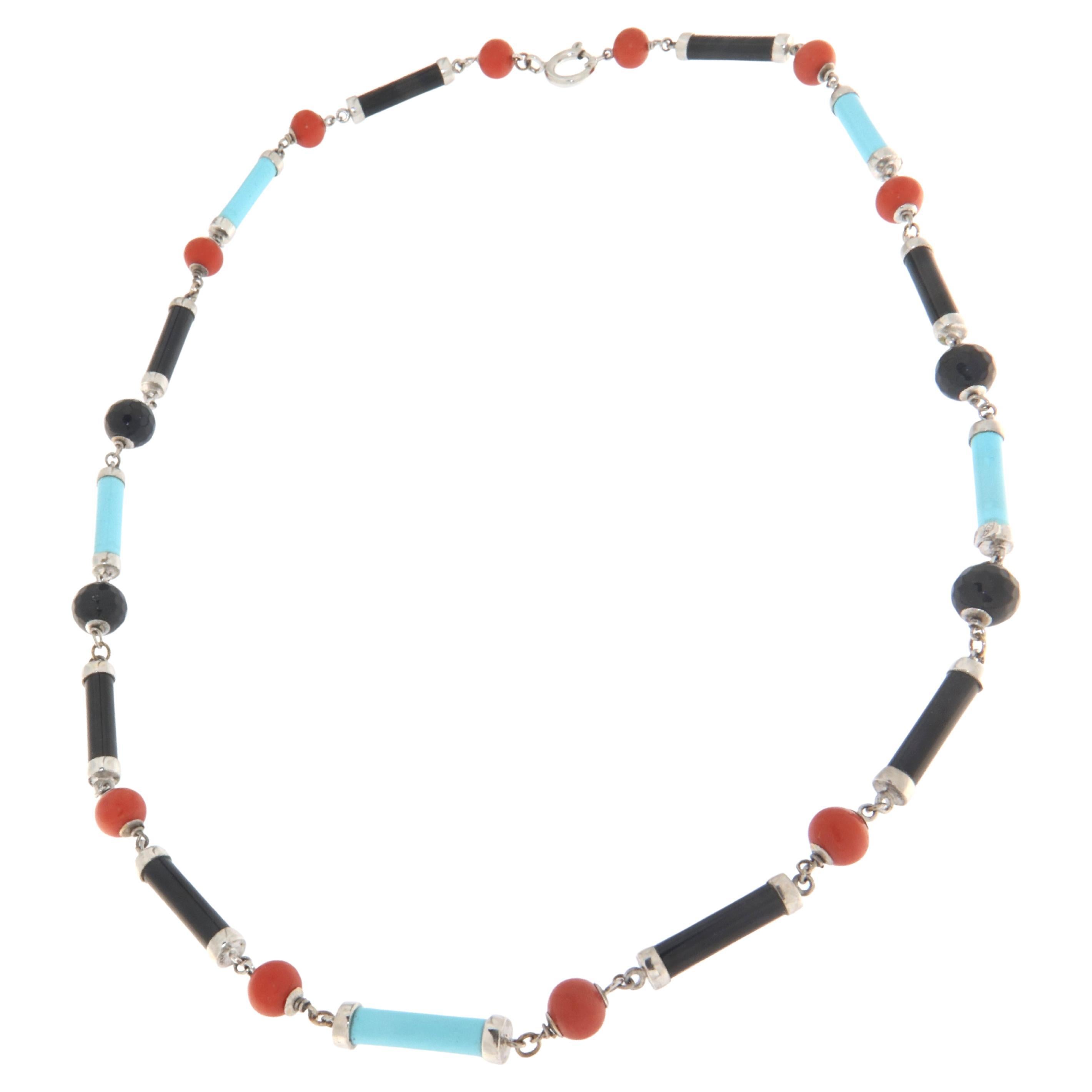 Turquoise Coral Onyx 18 Karat White Gold Choker Necklace