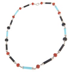 Turquoise Coral Onyx 18 Karat White Gold Choker Necklace