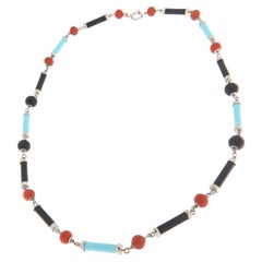  Turquoise Coral Onyx 18 Karat White Gold Choker Necklace