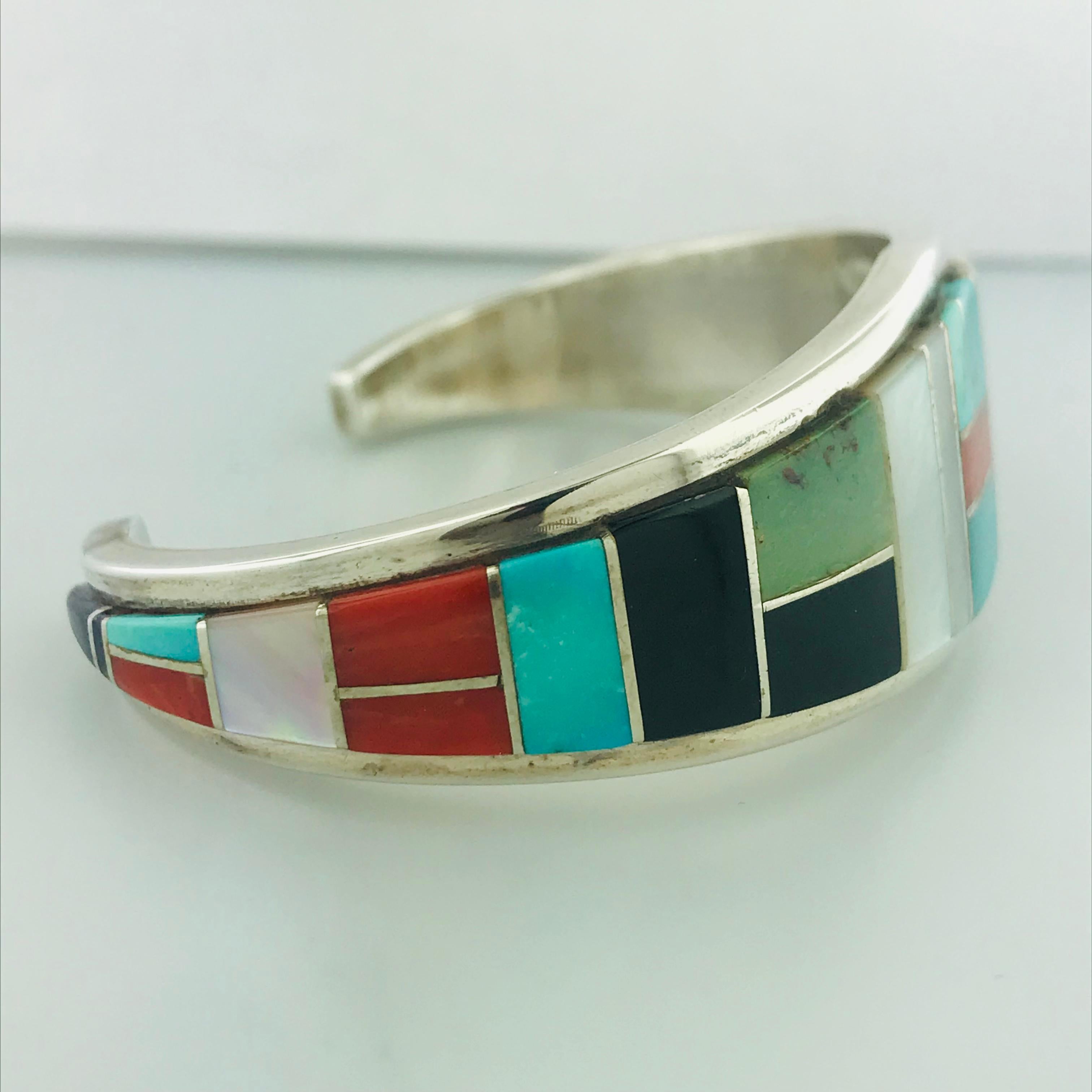 Native American Zuni Turquoise, Coral, Onyx, Mother of Pearl and Spiny Oyster Sterling  Cuff