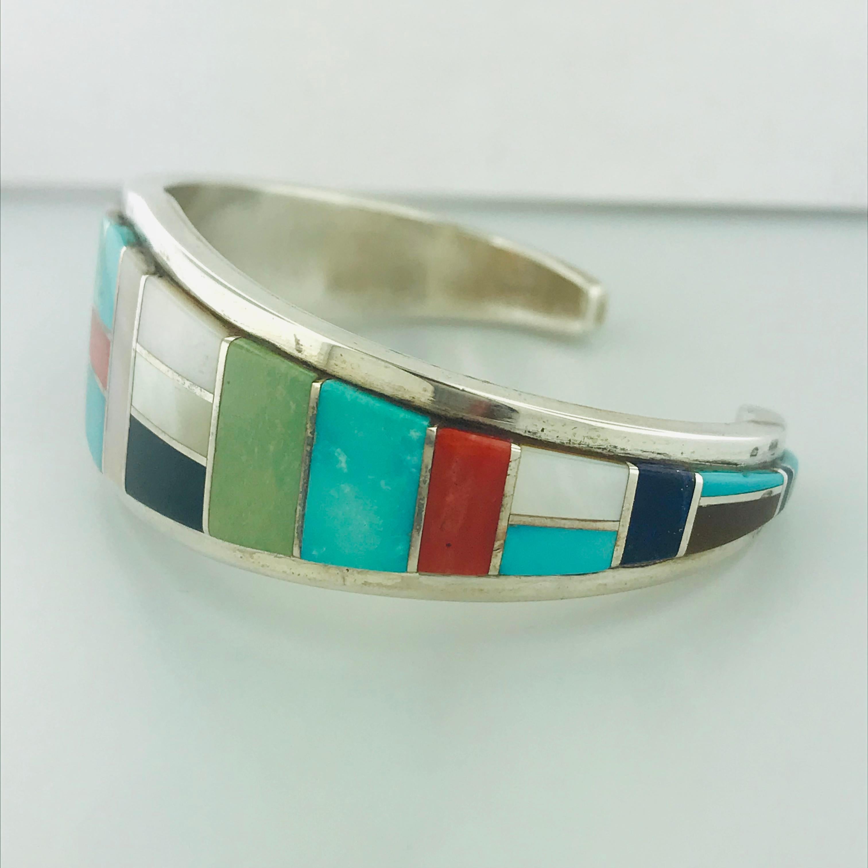 Cabochon Zuni Turquoise, Coral, Onyx, Mother of Pearl and Spiny Oyster Sterling  Cuff