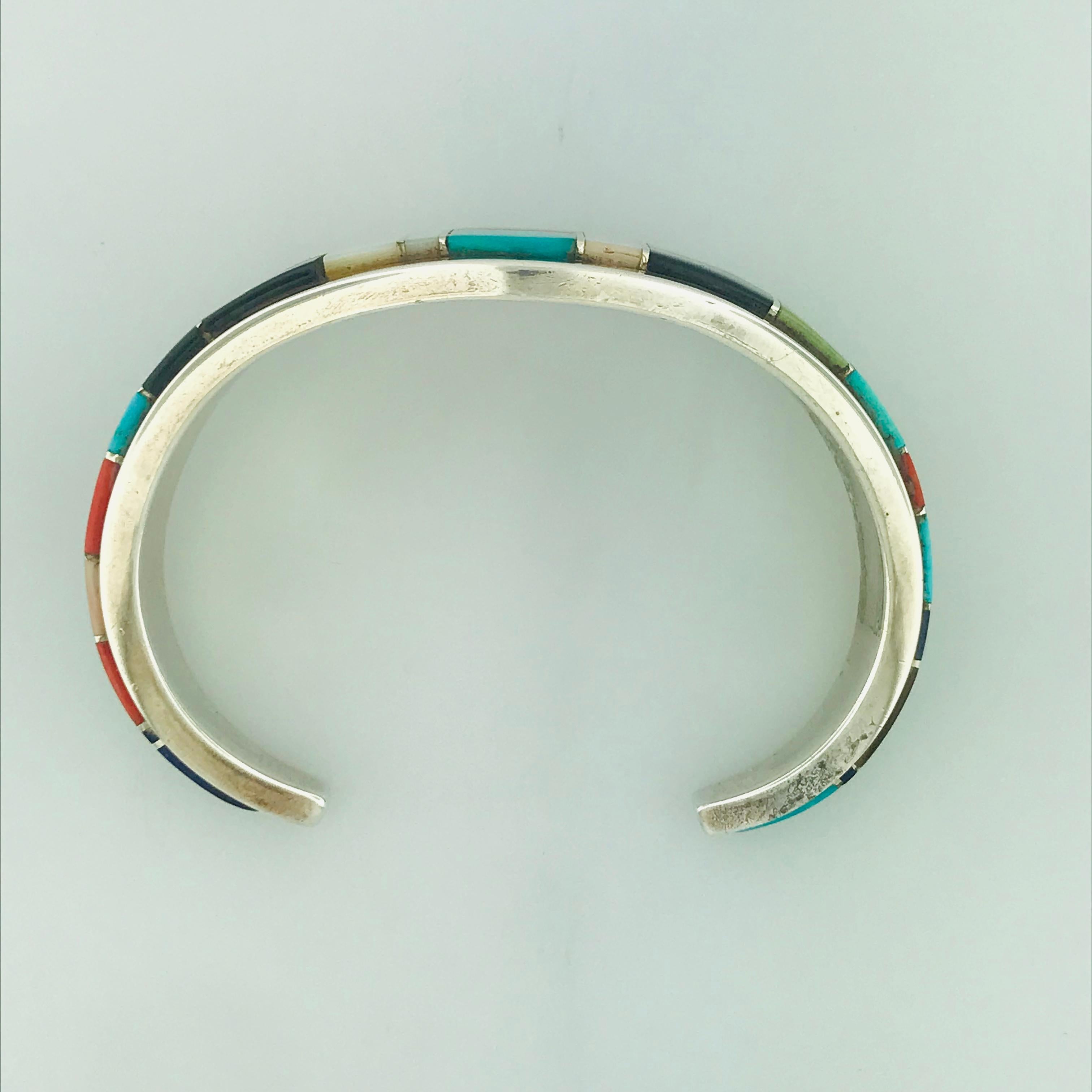 Zuni Turquoise, Coral, Onyx, Mother of Pearl and Spiny Oyster Sterling  Cuff In New Condition In Austin, TX
