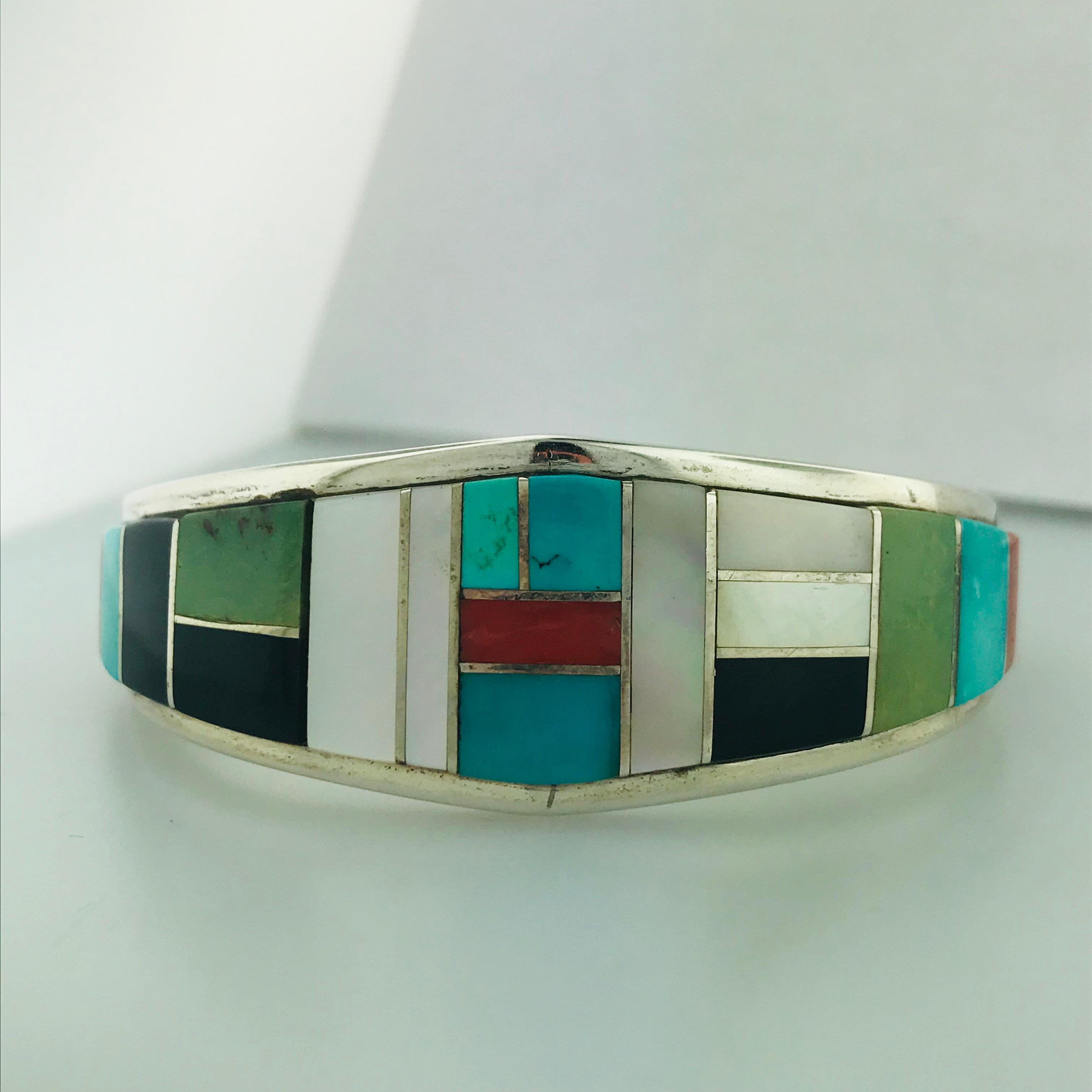 Women's or Men's Zuni Turquoise, Coral, Onyx, Mother of Pearl and Spiny Oyster Sterling  Cuff