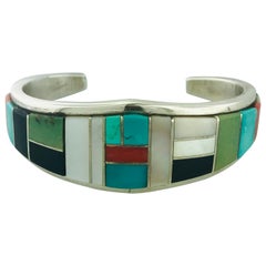 Zuni Turquoise, Coral, Onyx, Mother of Pearl and Spiny Oyster Sterling  Cuff