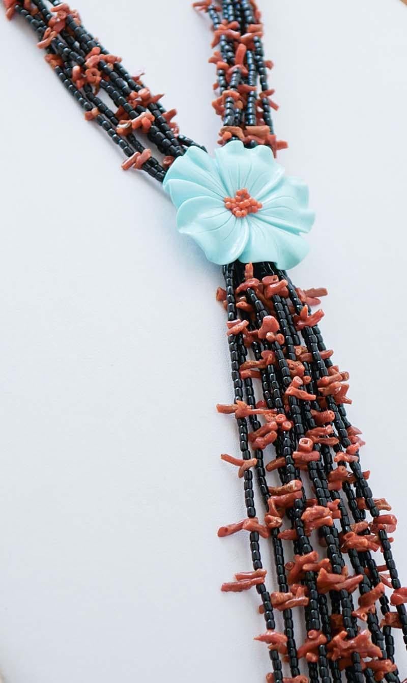 Rétro Turchese, corallo, onice, collana a più fili. in vendita