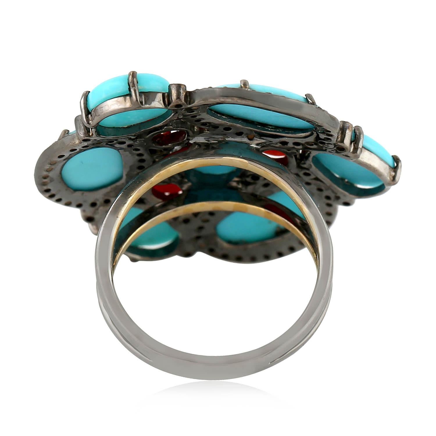 Mixed Cut Turquoise & Coral Ring With Pave Diamonds Made In 18k Gold & Silver For Sale