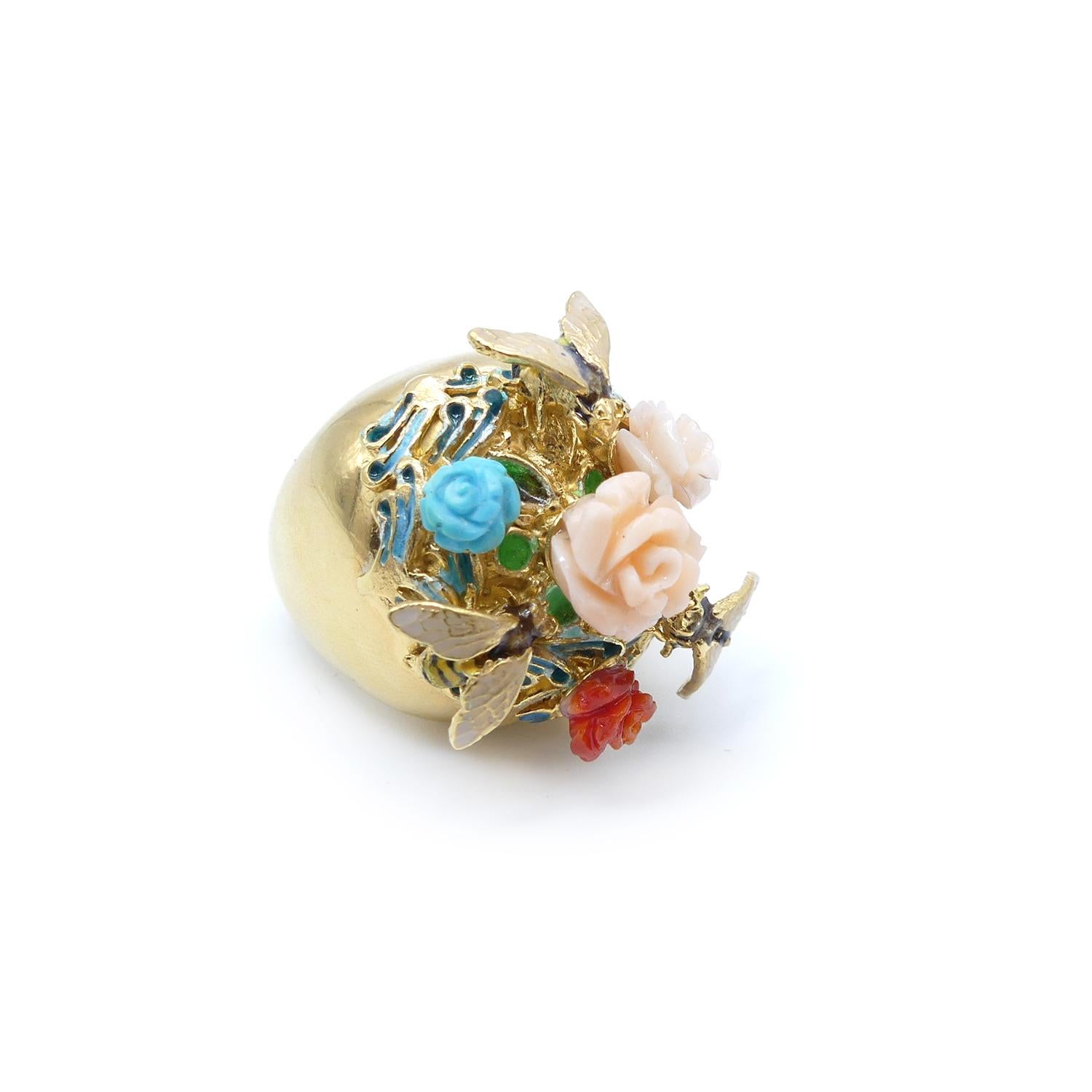 Contemporary Turquoise Coral Roses Garden Gold Plated Cocktail Ring