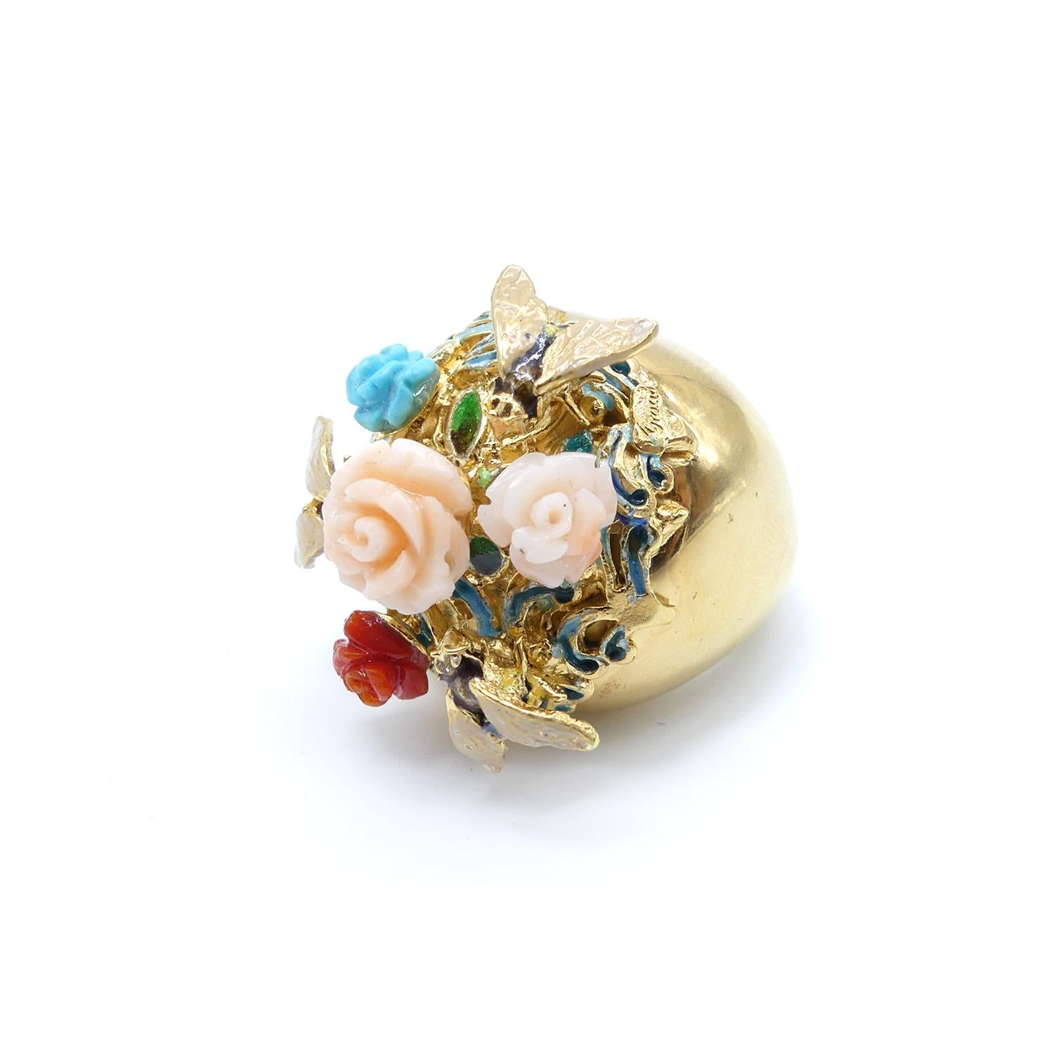 Rose Cut Turquoise Coral Roses Garden Gold Plated Cocktail Ring