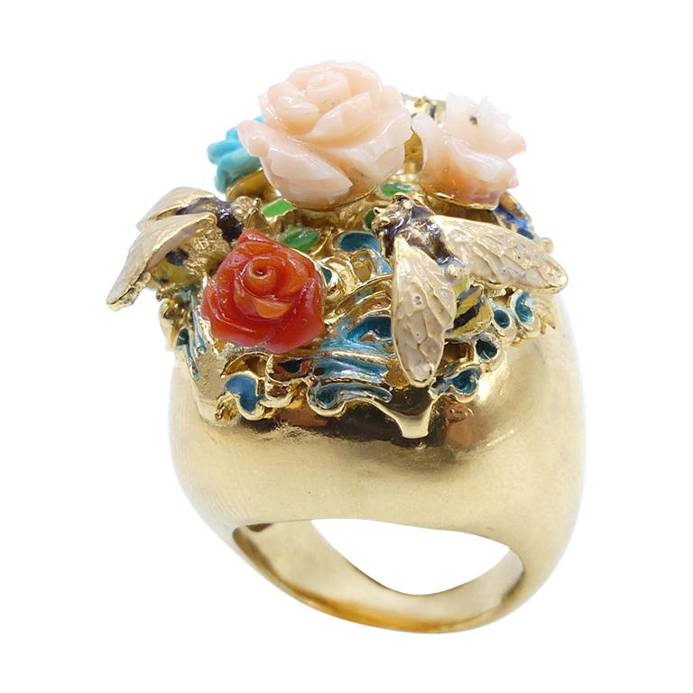 Turquoise Coral Roses Garden Gold Plated Cocktail Ring