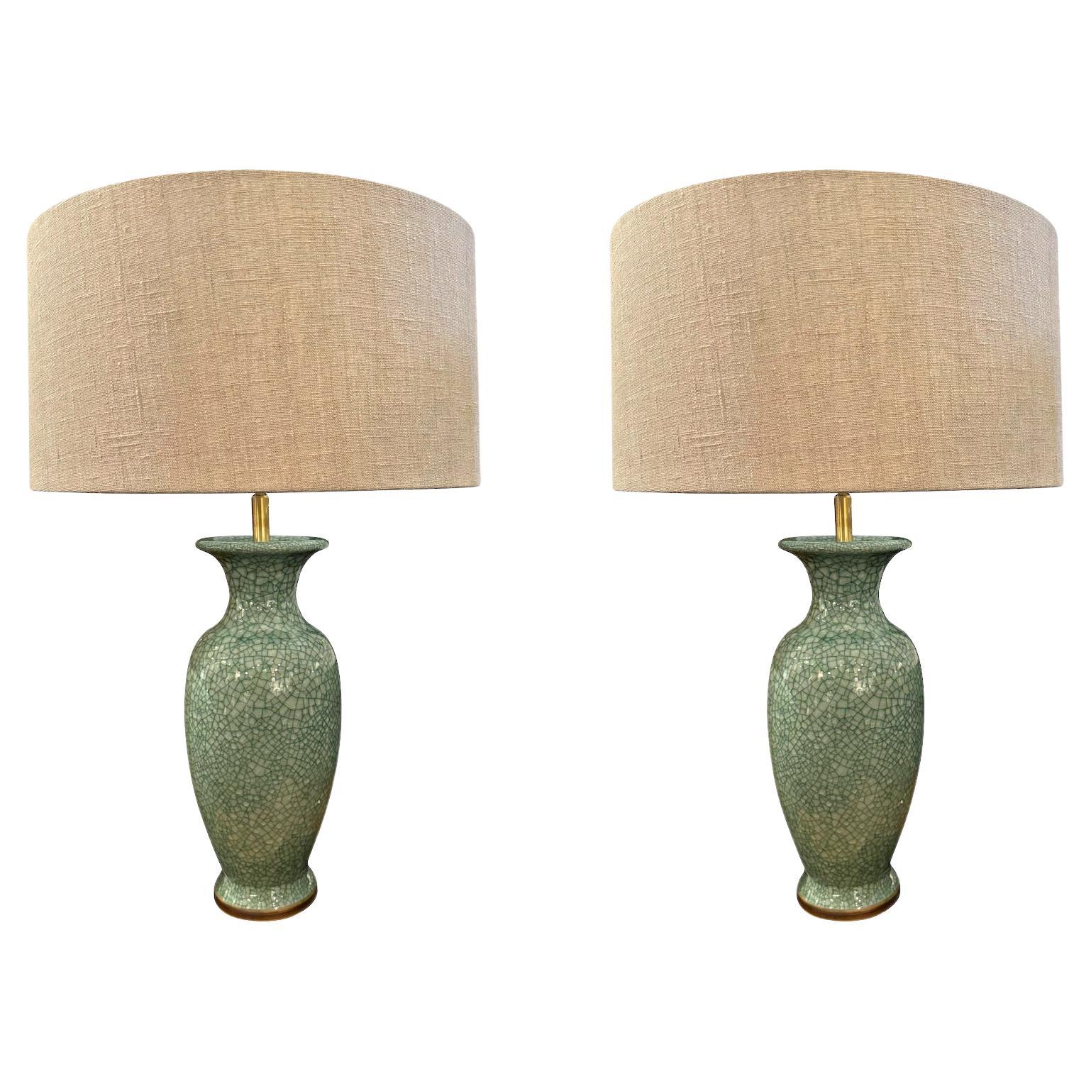 Turquoise Crackle Glaze Pair Tall Lamps, China, Contemporary For Sale