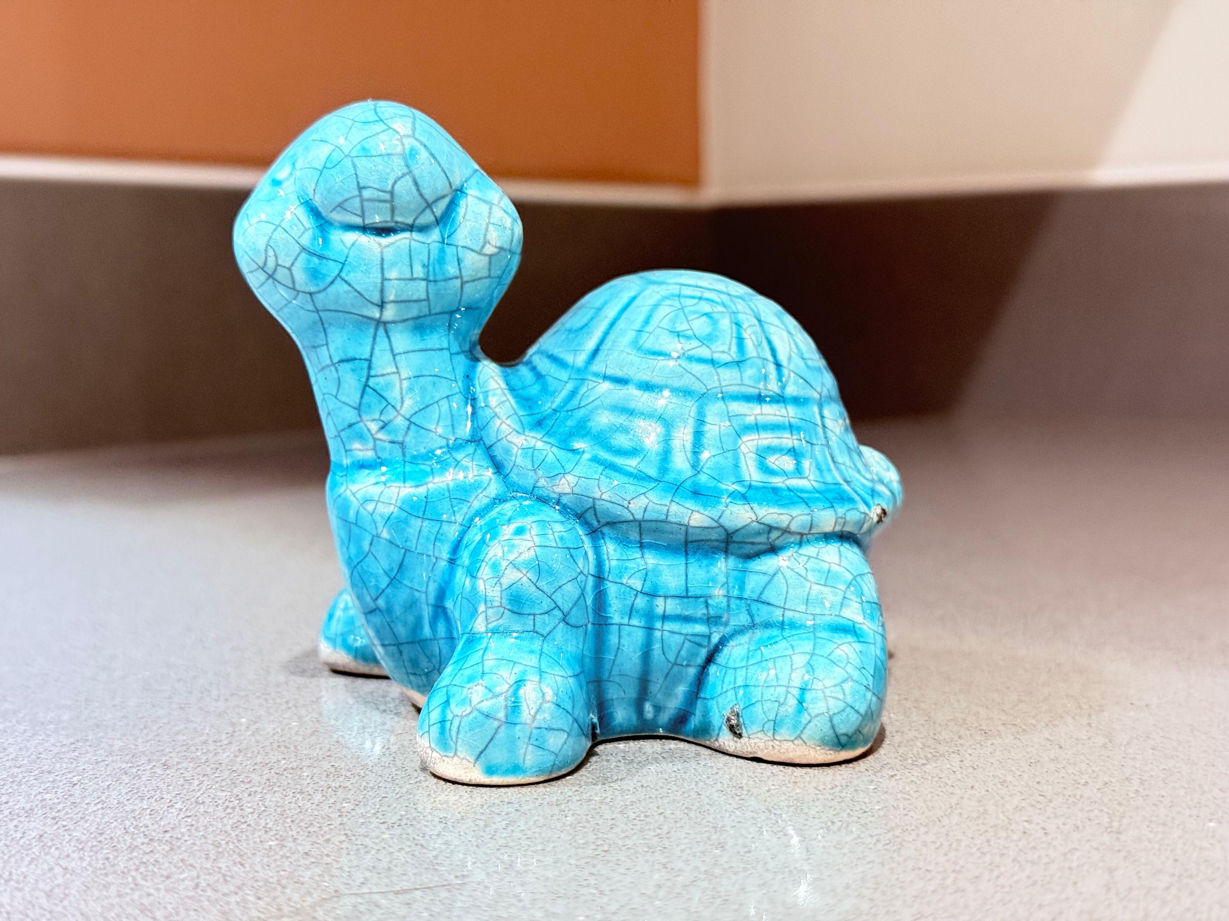 Hollywood Regency Turquoise Crackle Glazed Ceramic Turtle Figurine Handmade Pottery Decor Sculptur For Sale