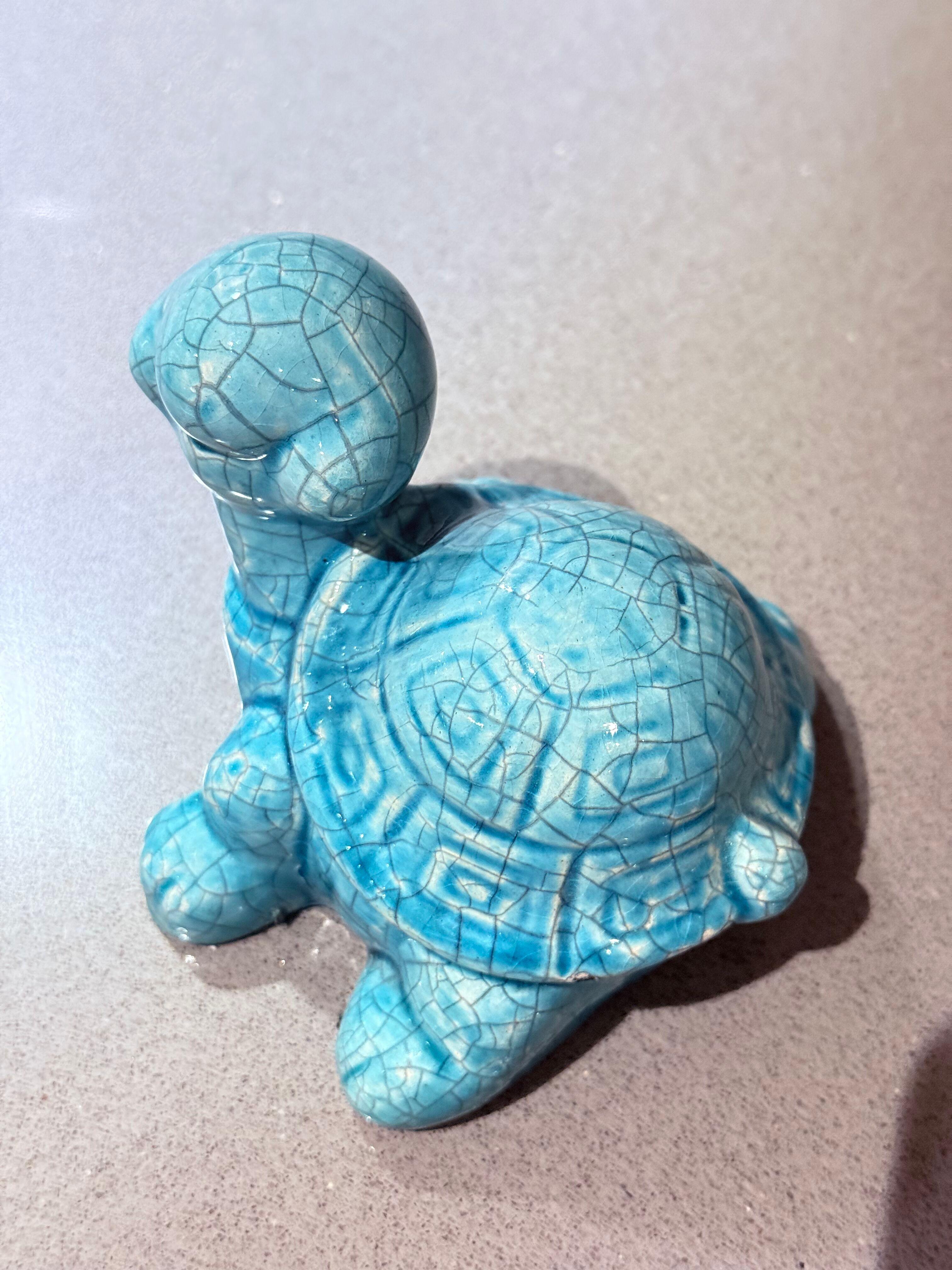 West Asian Turquoise Crackle Glazed Ceramic Turtle Figurine Handmade Pottery Decor Sculptur For Sale