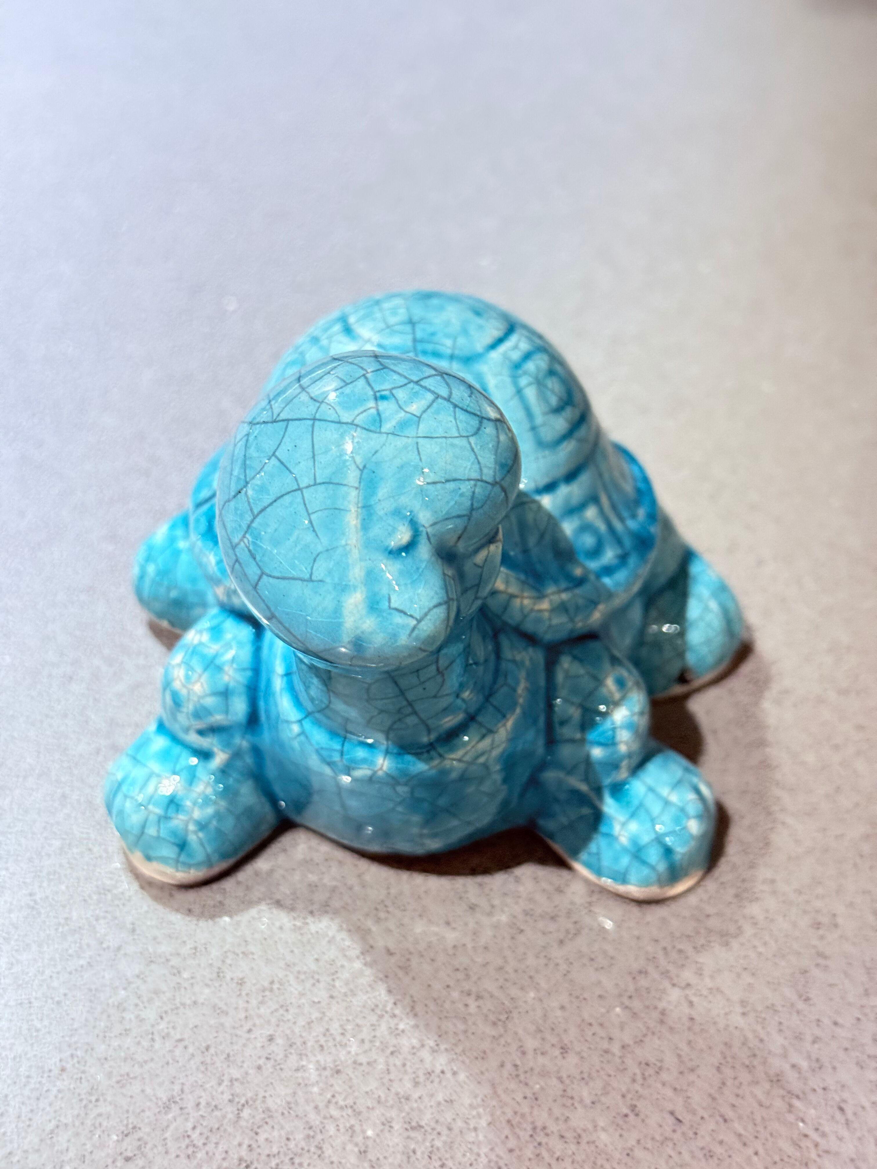 Carved Turquoise Crackle Glazed Ceramic Turtle Figurine Handmade Pottery Decor Sculptur For Sale