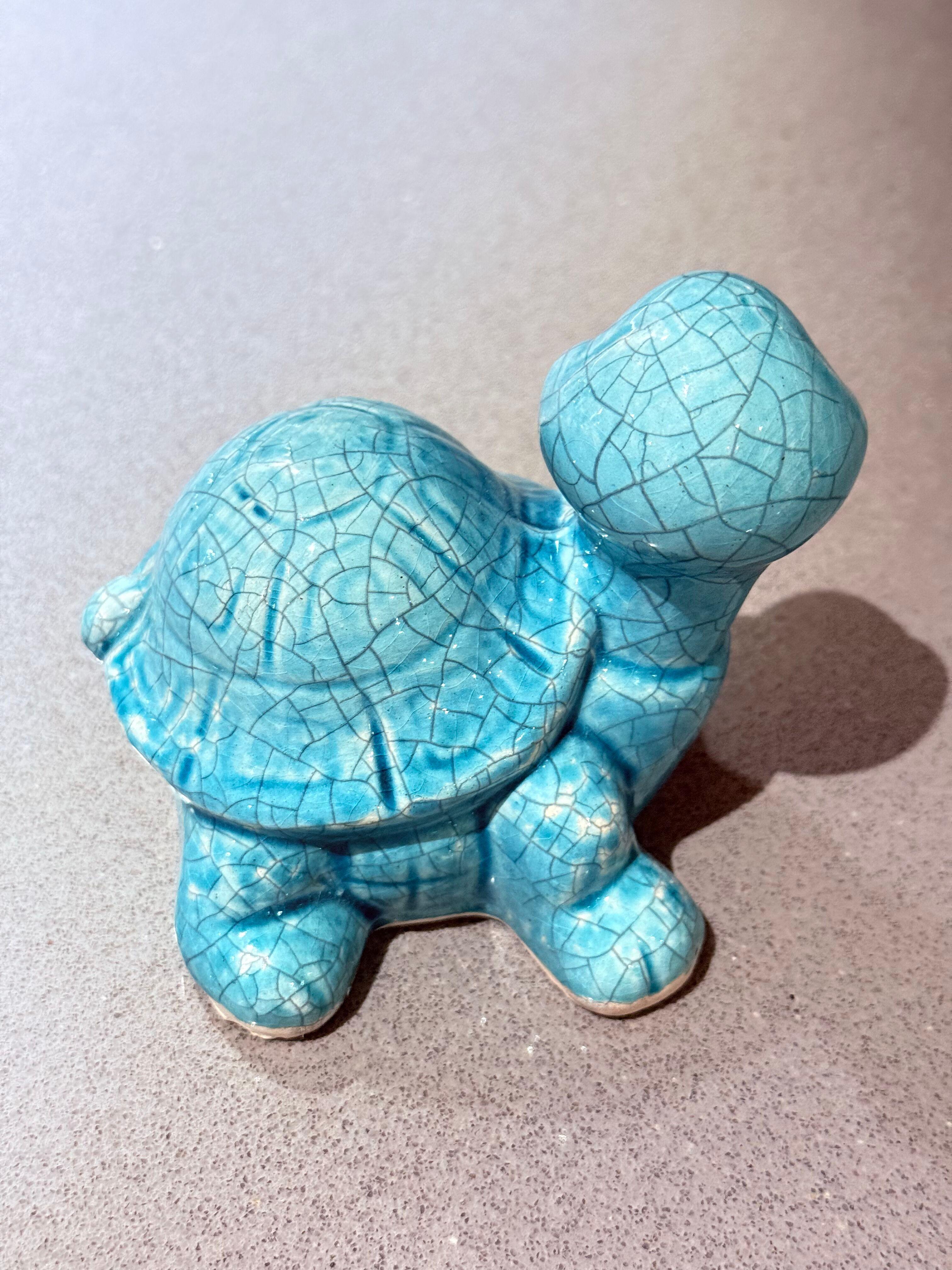Turquoise Crackle Glazed Ceramic Turtle Figurine Handmade Pottery Decor Sculptur In Excellent Condition For Sale In Wembley, GB
