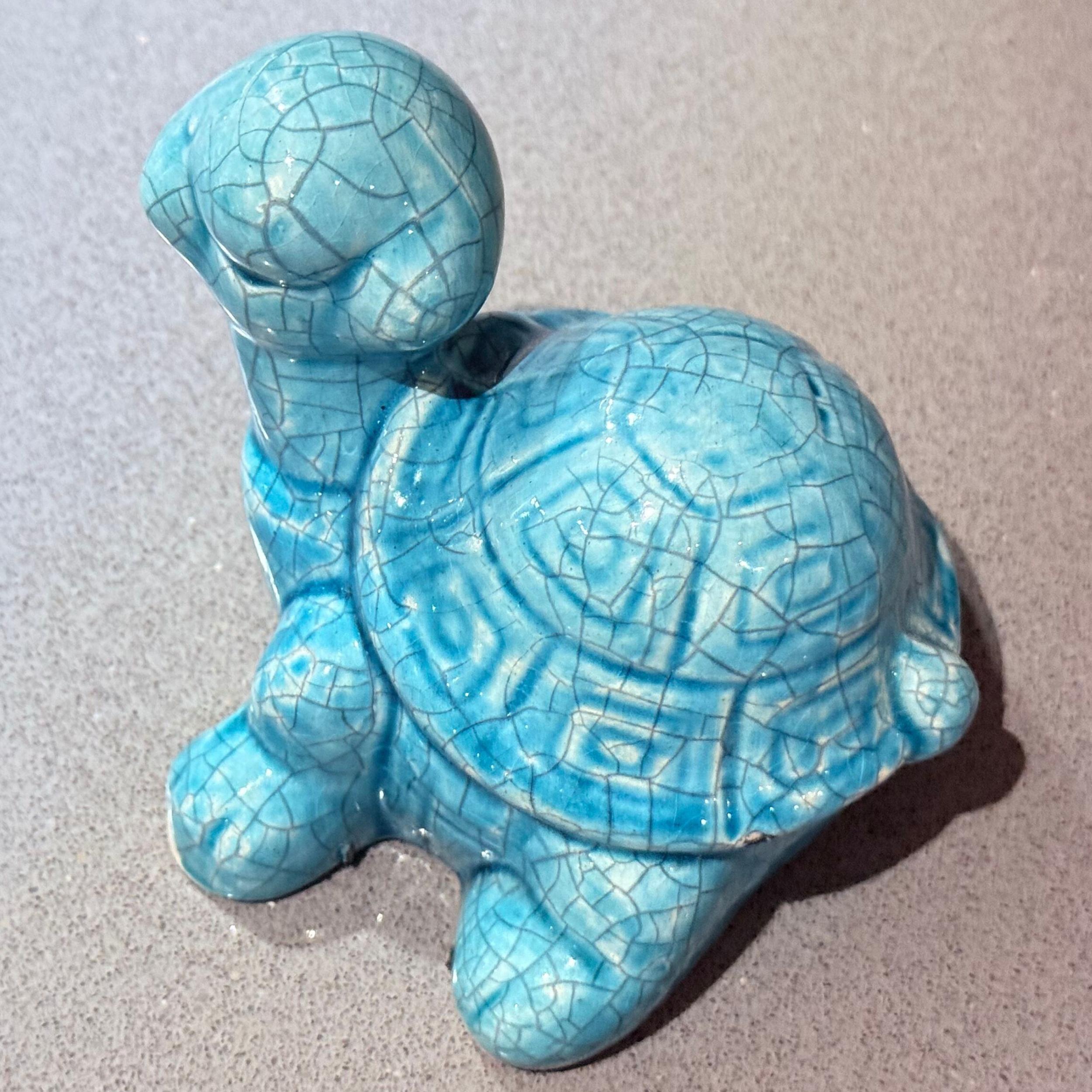 Gold Plate Turquoise Crackle Glazed Ceramic Turtle Figurine Handmade Pottery Decor Sculptur For Sale