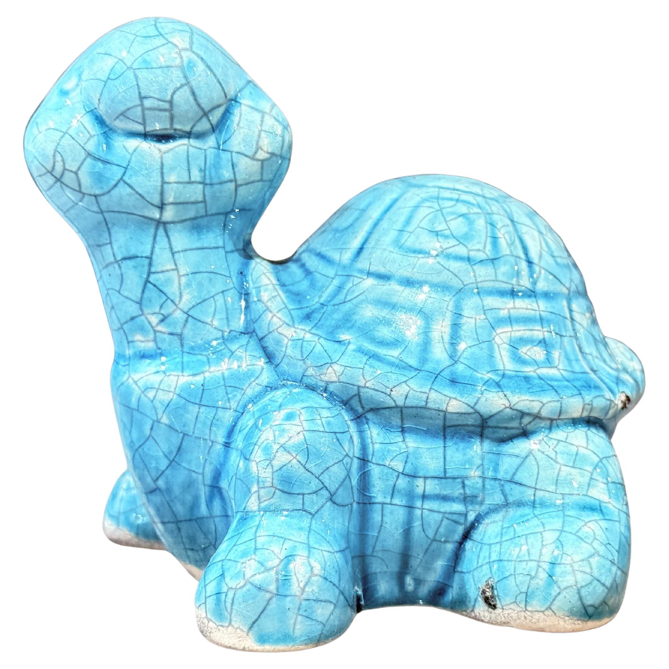 Turquoise Crackle Glazed Ceramic Turtle Figurine Handmade Pottery Decor Sculptur For Sale