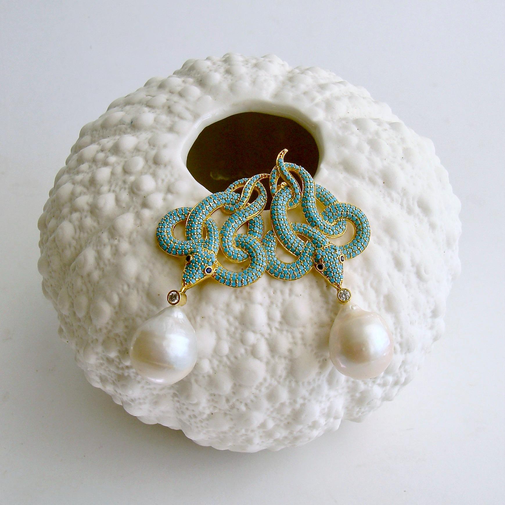 Victorian Turquoise Crystal Baroque Pearl Snake Earrings, Lindie Earrings