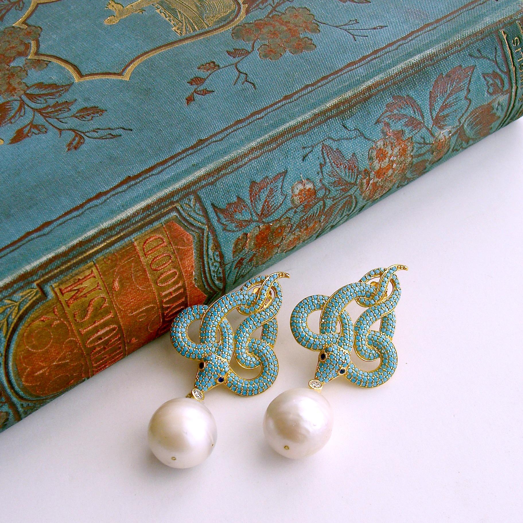 Turquoise Crystal Baroque Pearl Snake Earrings, Lindie Earrings In New Condition In Colleyville, TX